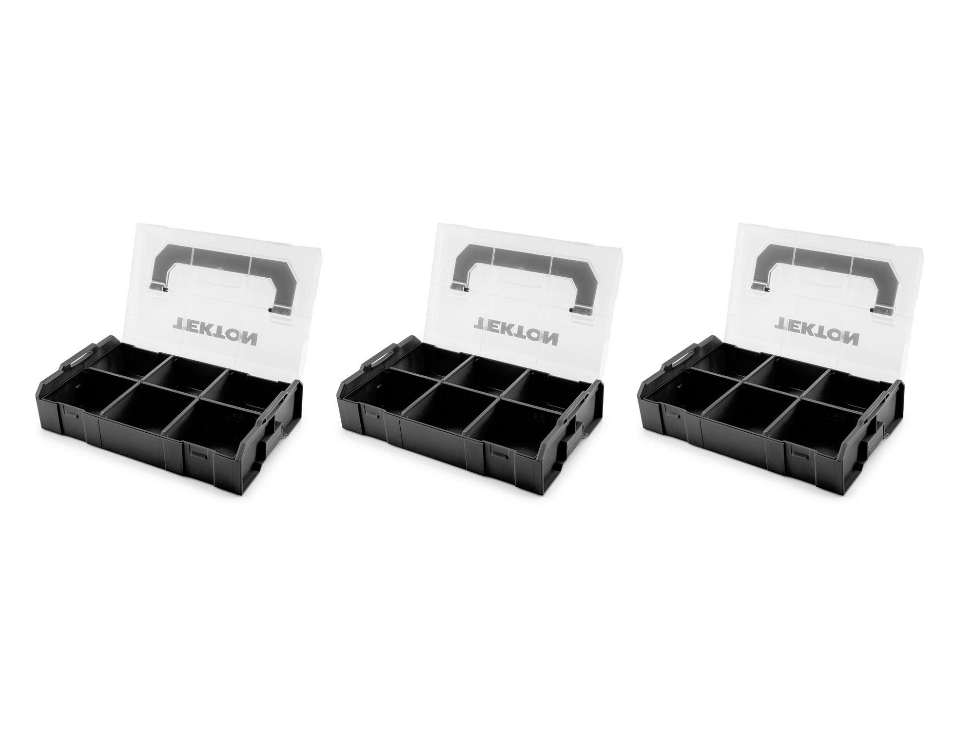 Laid out contents of Tekton black stacking organization system set. Item #OLM97000