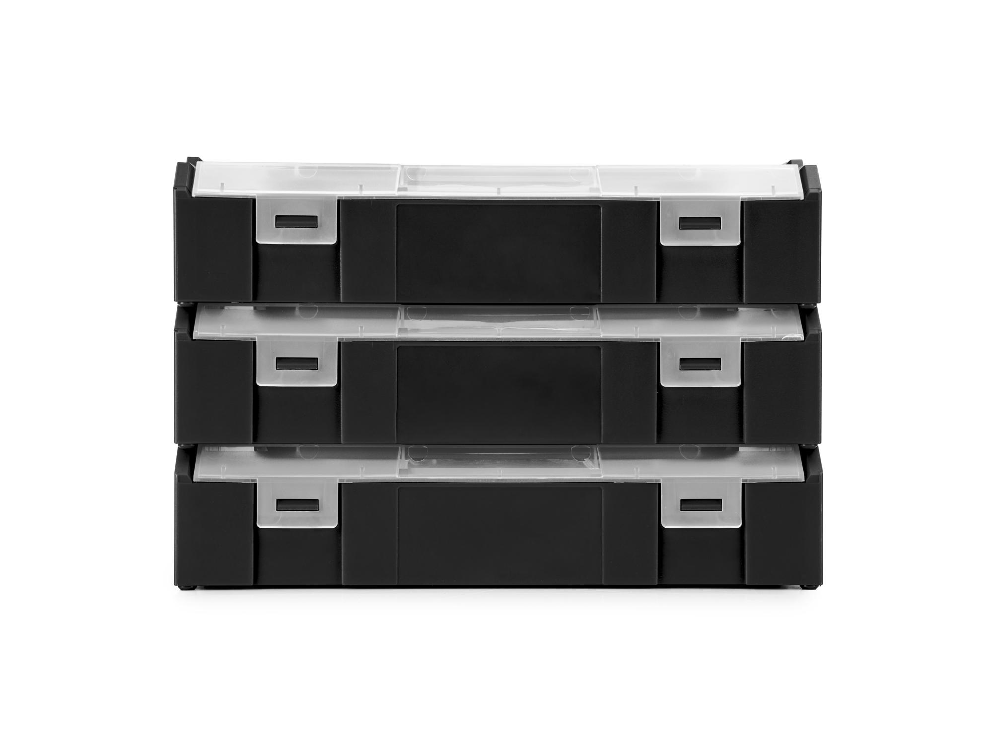 Front view of Tekton black stacking organization system set. Item #OLM97000