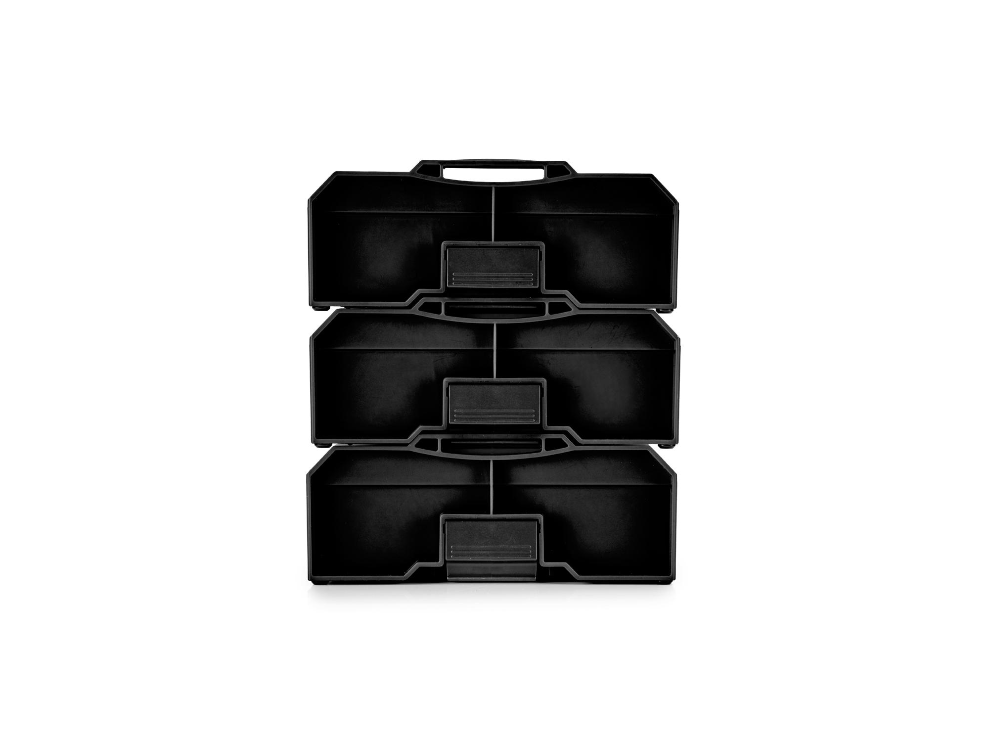 Side view of Tekton black stacking organization system set. Item #OLM97000