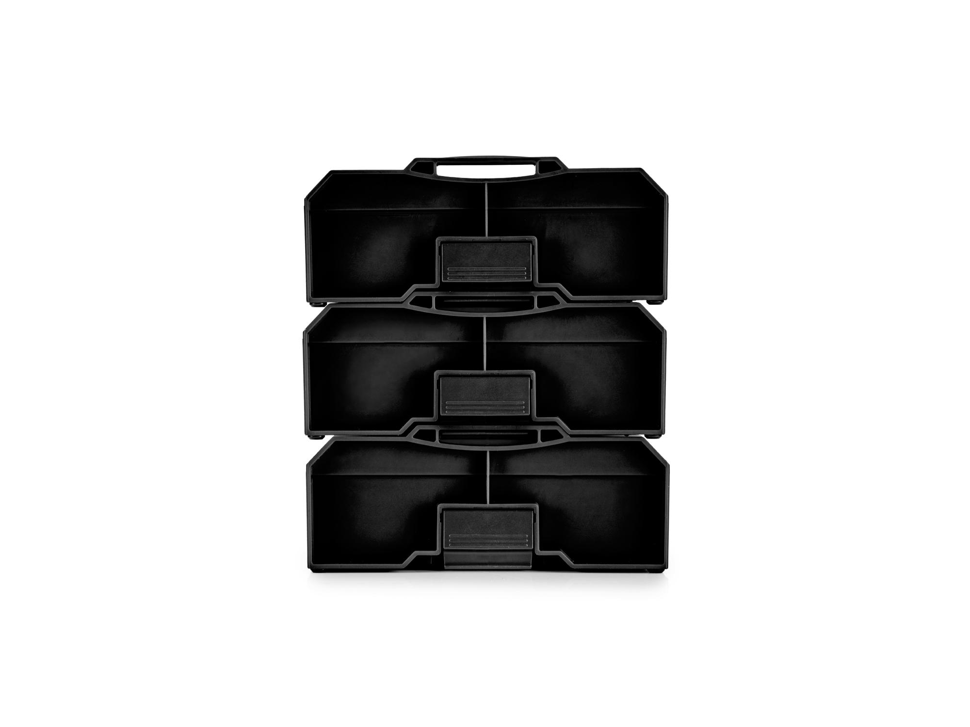 Second side view of Tekton black stacking organization system set. Item #OLM97000