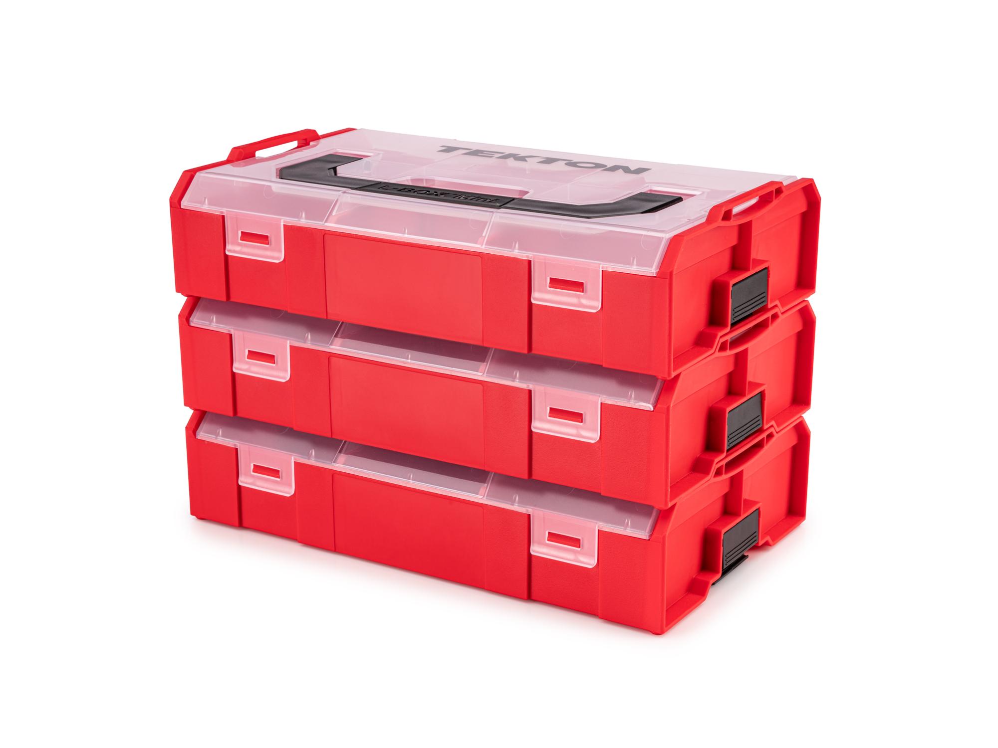 Front-right angle view of Tekton red stacking organization system set. Item #OLM97001