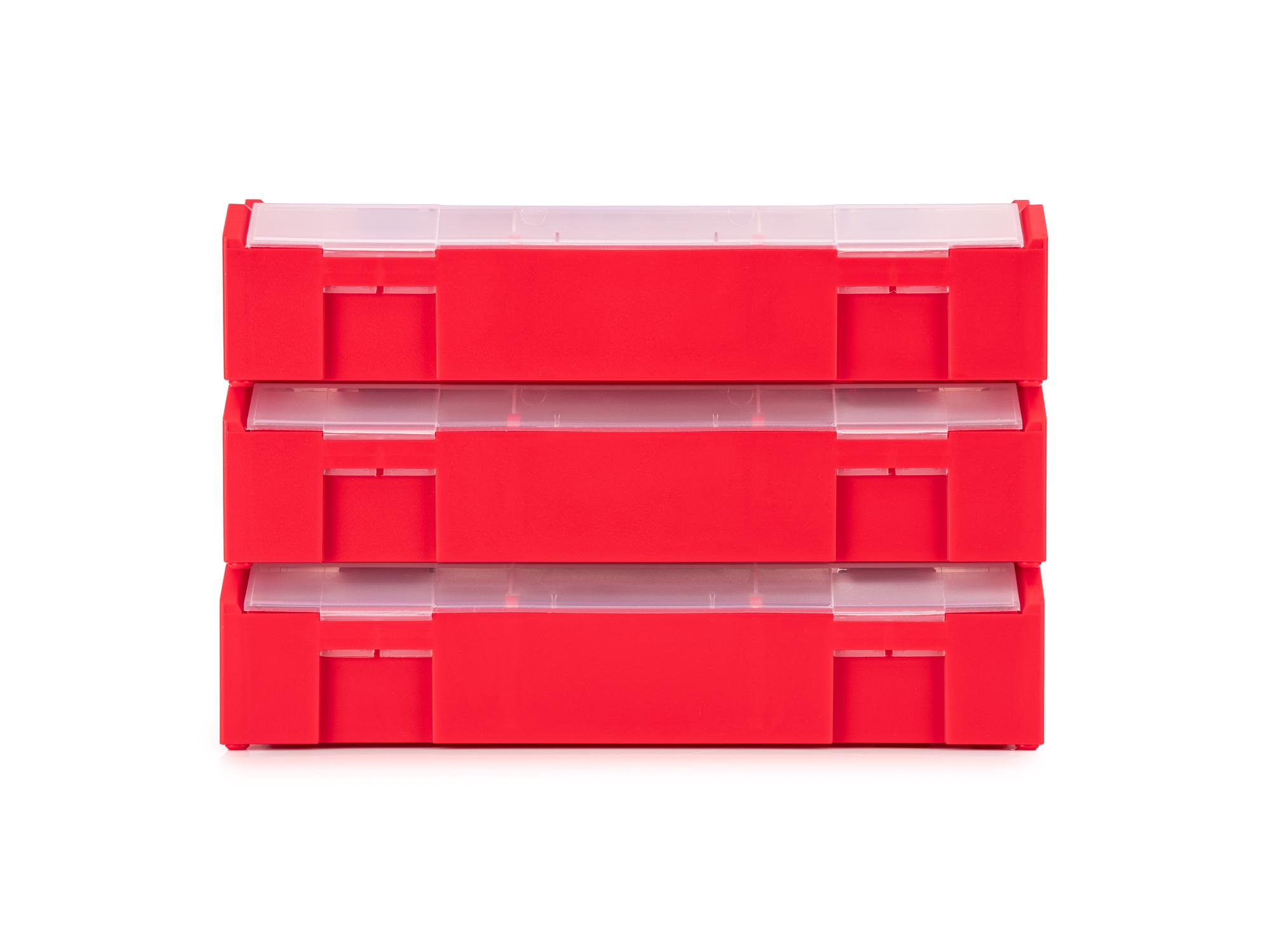 Back view of Tekton red stacking organization system set. Item #OLM97001
