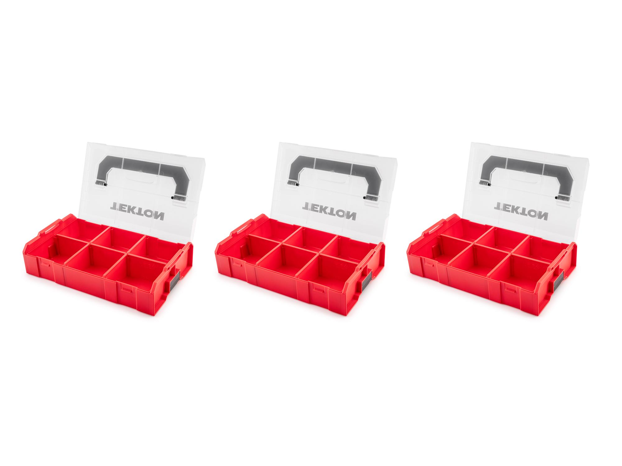 Laid out contents of Tekton red stacking organization system set. Item #OLM97001