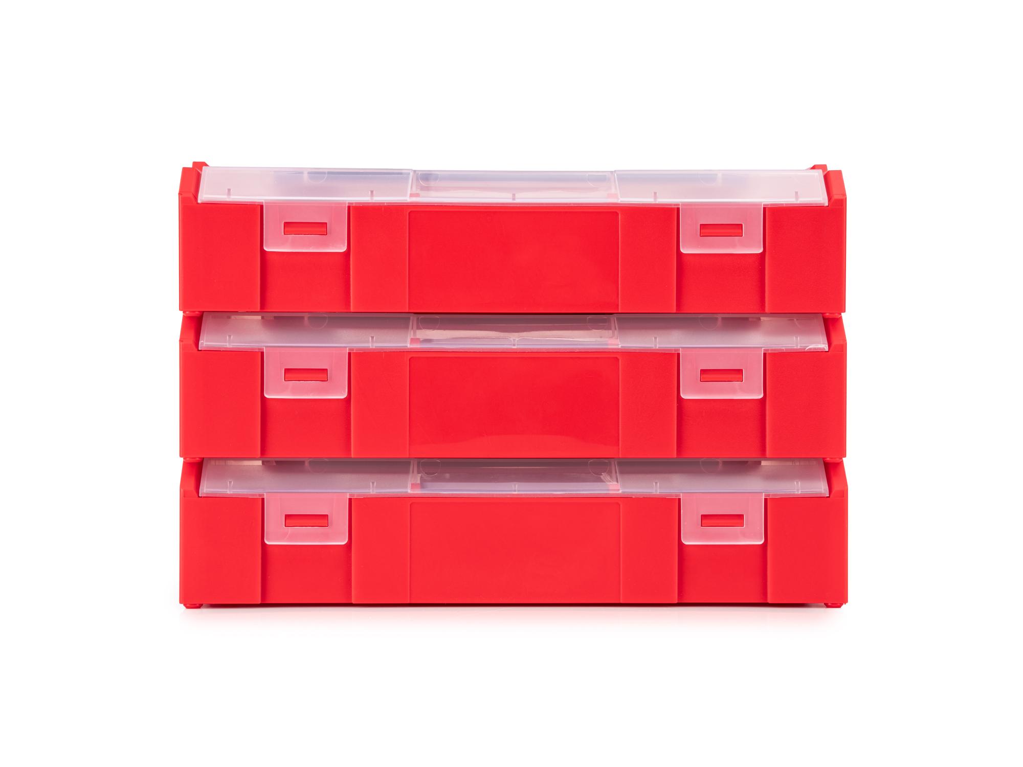 Front view of Tekton red stacking organization system set. Item #OLM97001