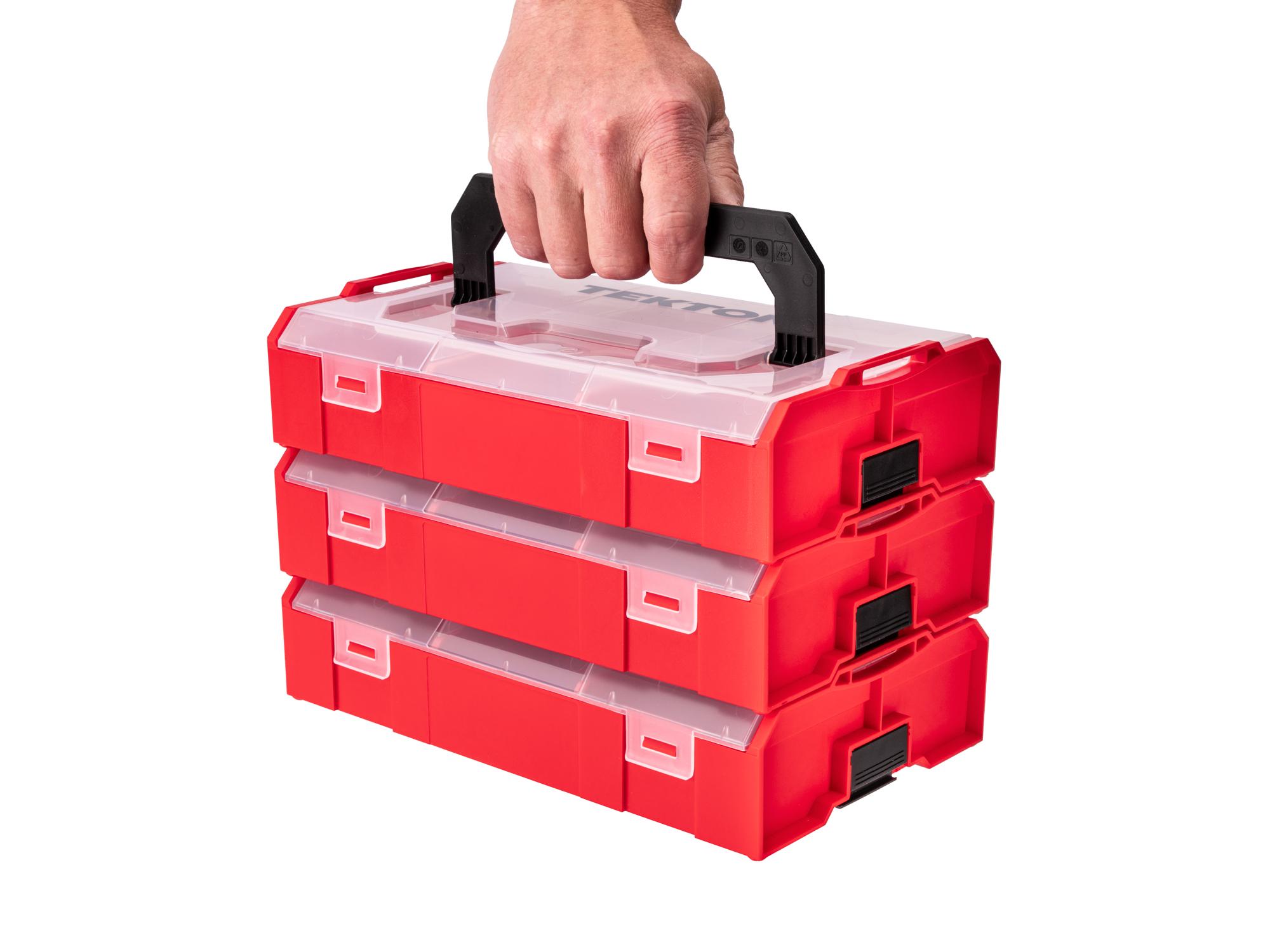Person holding Tekton red stacking organization system set. Item #OLM97001