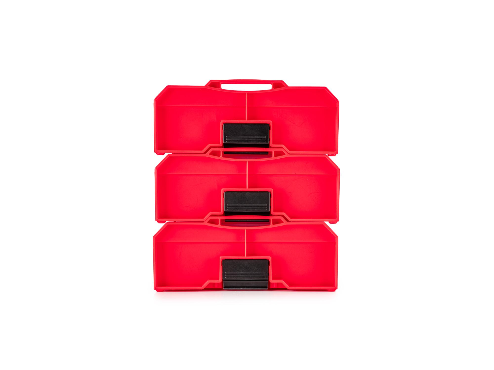 Side view of Tekton red stacking organization system set. Item #OLM97001