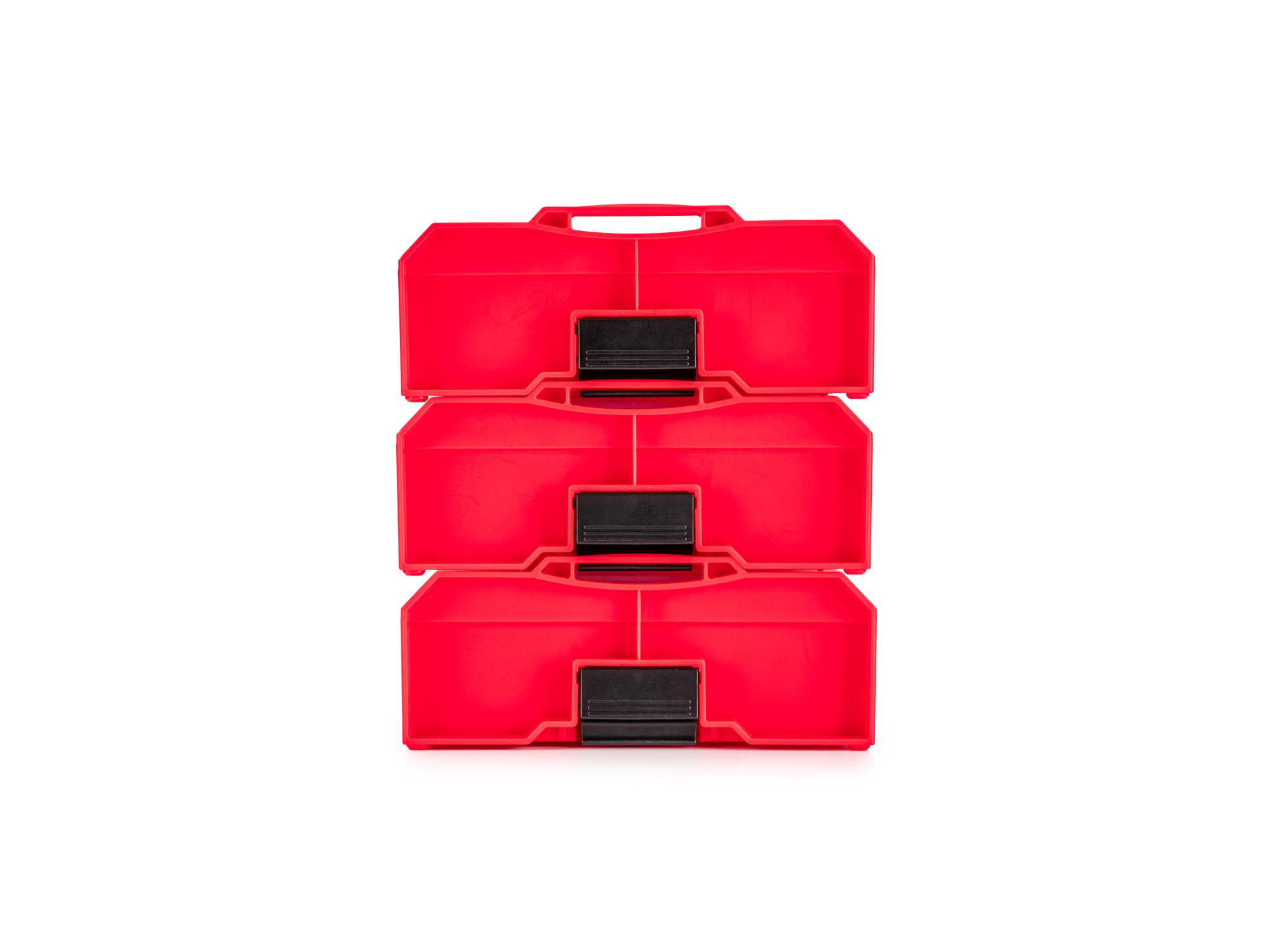 Second side view of Tekton red stacking organization system set. Item #OLM97001