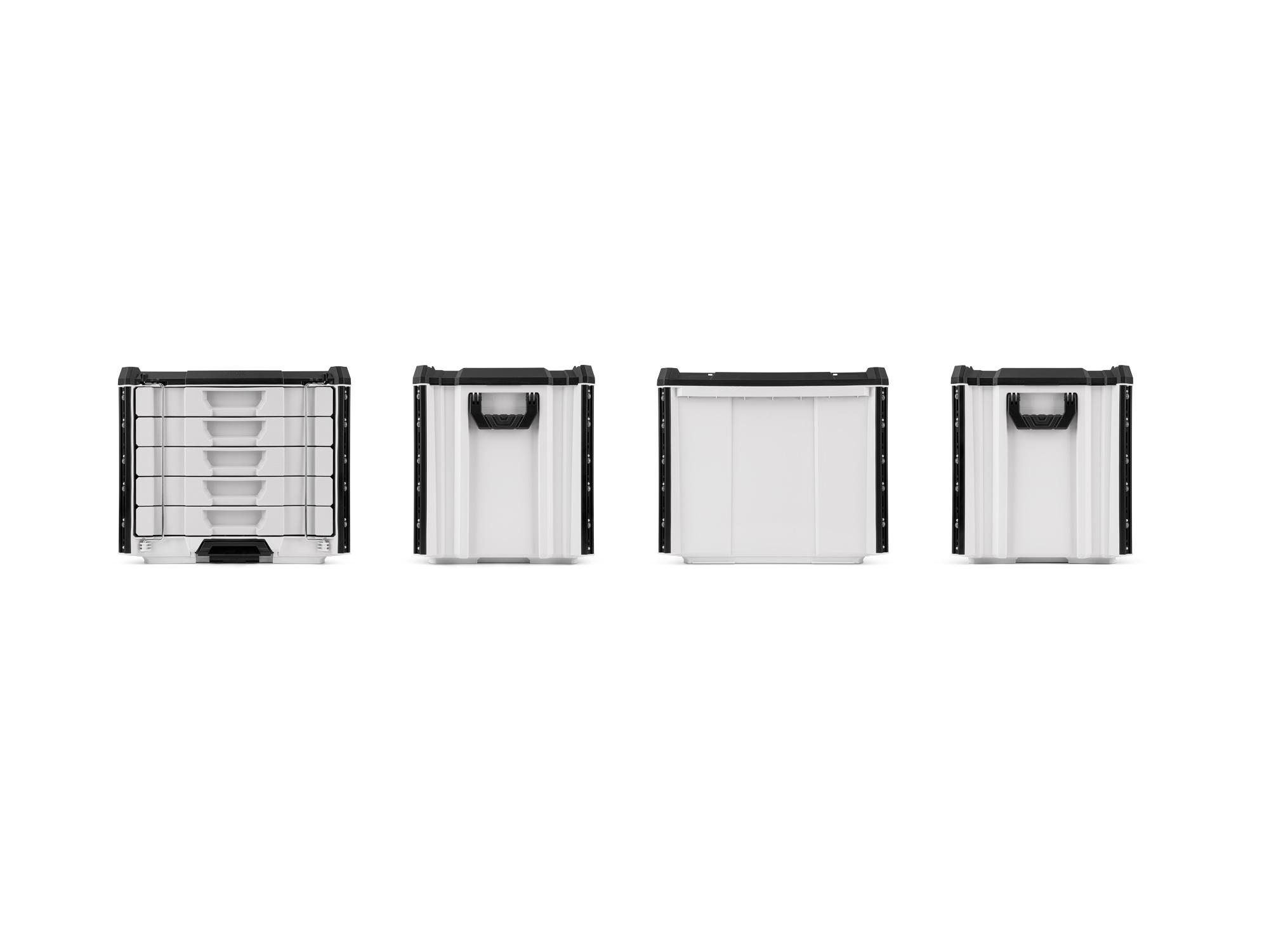 lunar white Tekton RIG 5-Drawer Unit shown from multiple side profiles. RIG98105