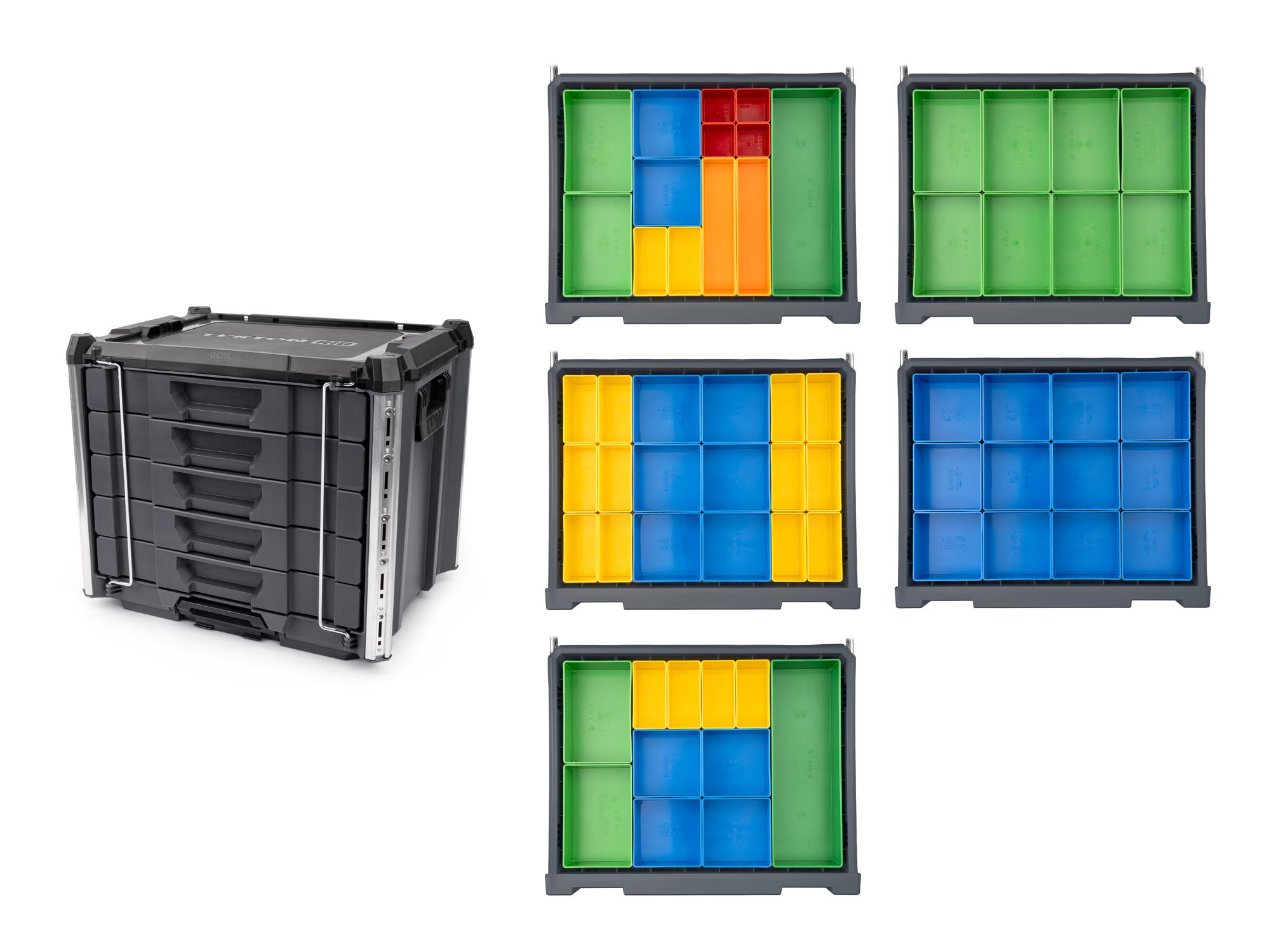 Angled view of slate gray Tekton RIG 5-Drawer Unit with Organizer Bins. RIG98205
