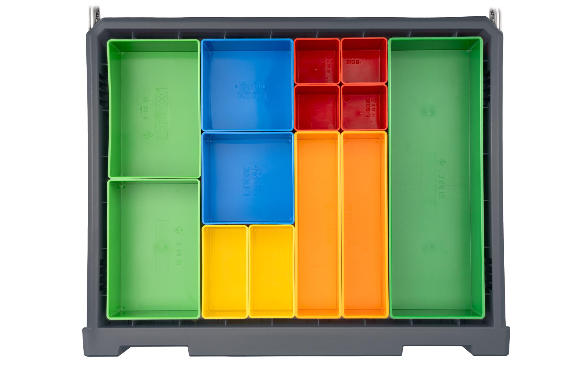 Contents of slate gray Tekton RIG 5-Drawer Unit with Organizer Bins. RIG98205