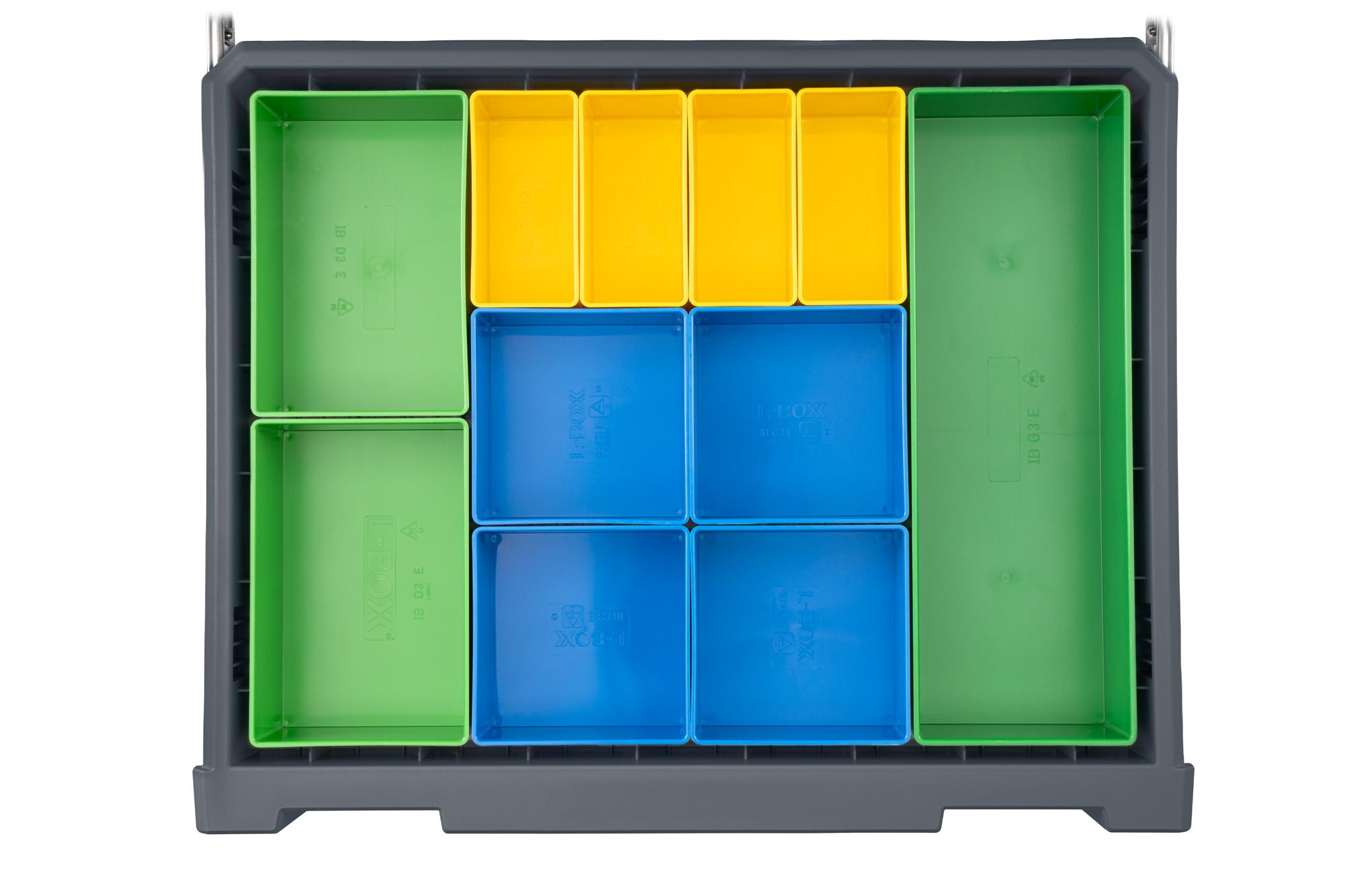 Contents of slate gray Tekton RIG 5-Drawer Unit with Organizer Bins. RIG98205