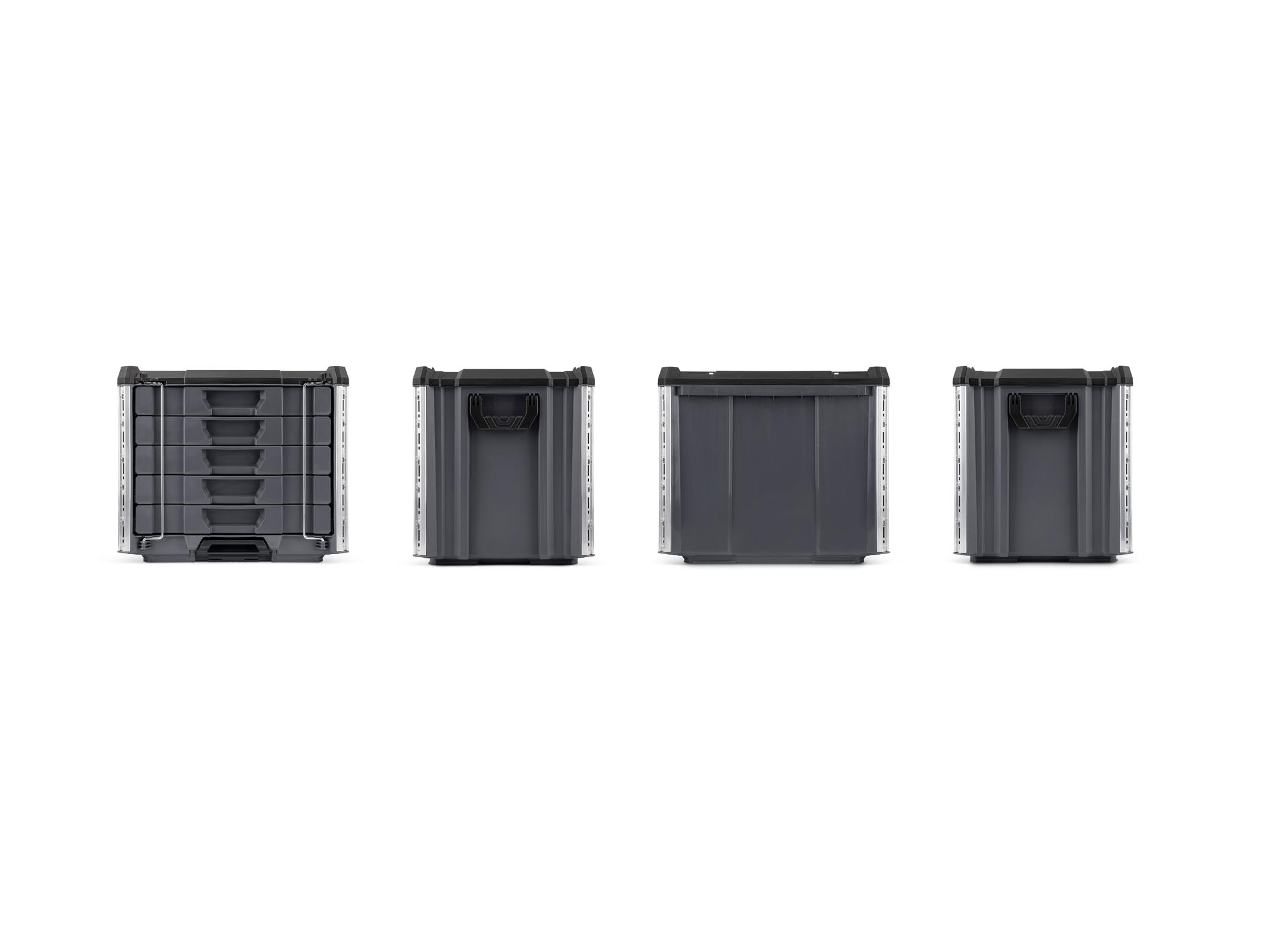 slate gray Tekton RIG 5-Drawer Unit with Organizer Bins shown from multiple side profiles. RIG98205