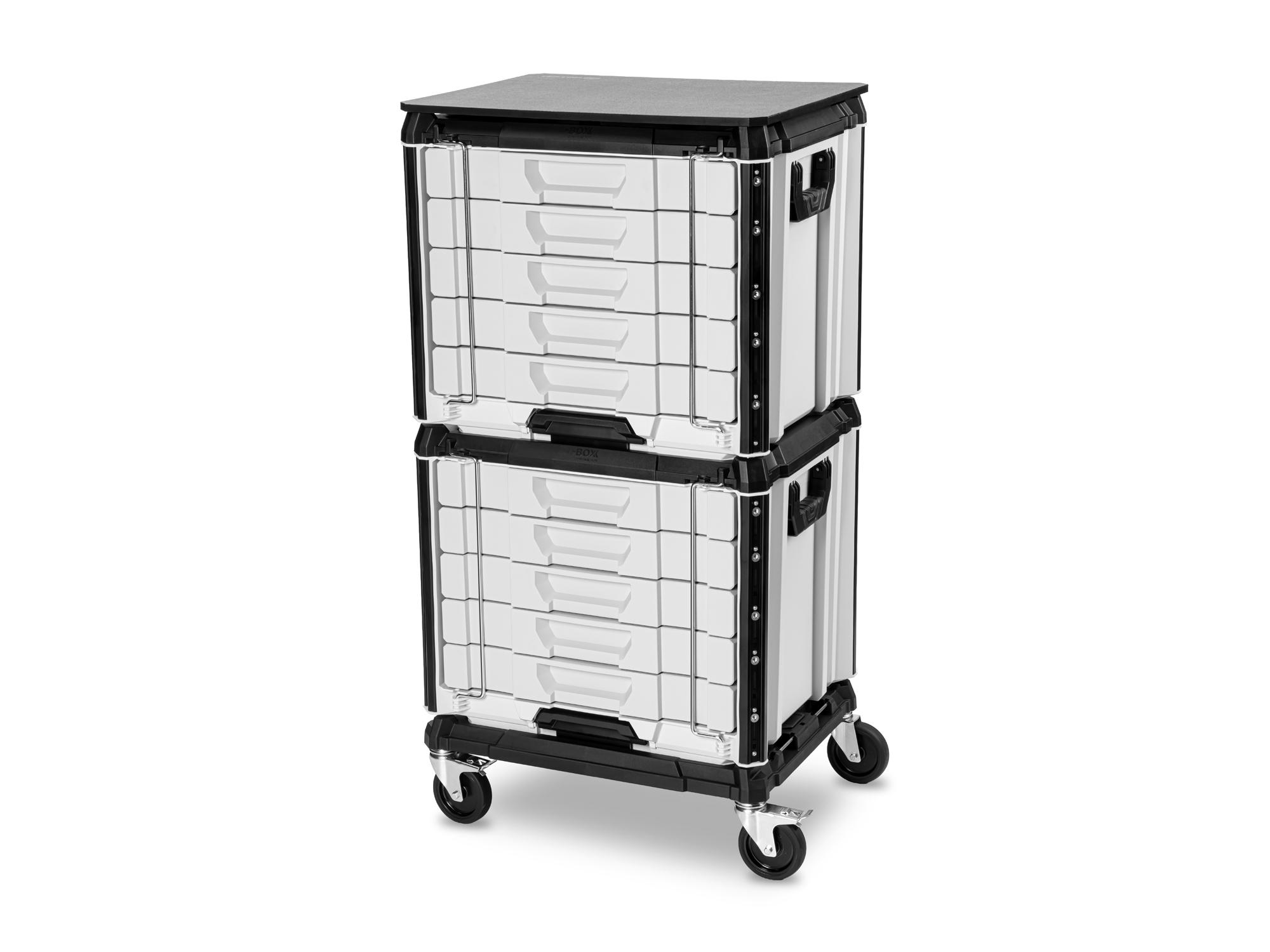 Angled view of lunar white Tekton RIG 10-Drawer Tool Cart. RIG99100