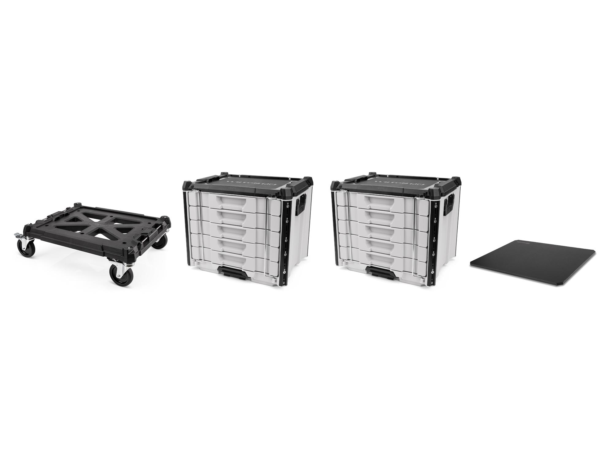 Contents of lunar white Tekton RIG 10-Drawer Tool Cart. RIG99100