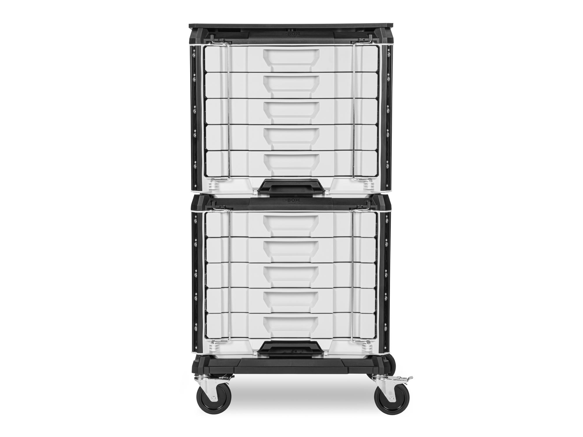 Front view of lunar white Tekton RIG 10-Drawer Tool Cart. RIG99100