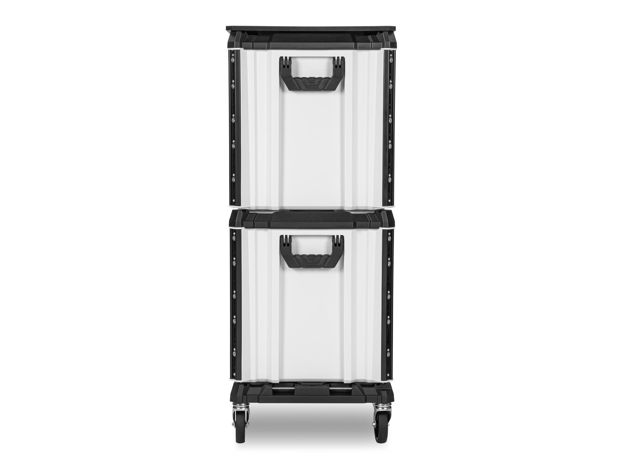 lunar white Tekton RIG 10-drawer tool cart shown from multiple side profiles. RIG99100
