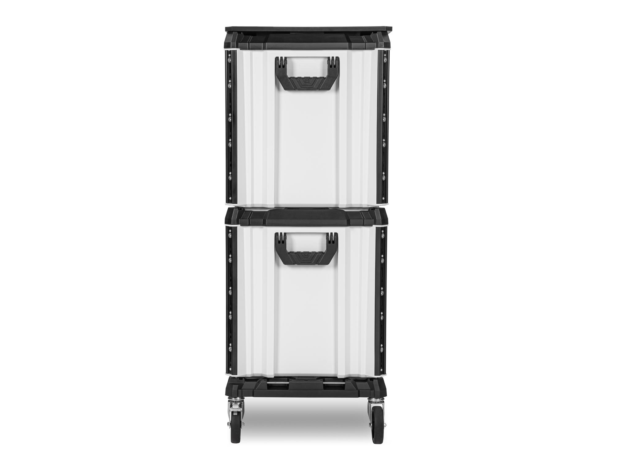 lunar white Tekton RIG 10-drawer tool cart shown from multiple side profiles. RIG99100