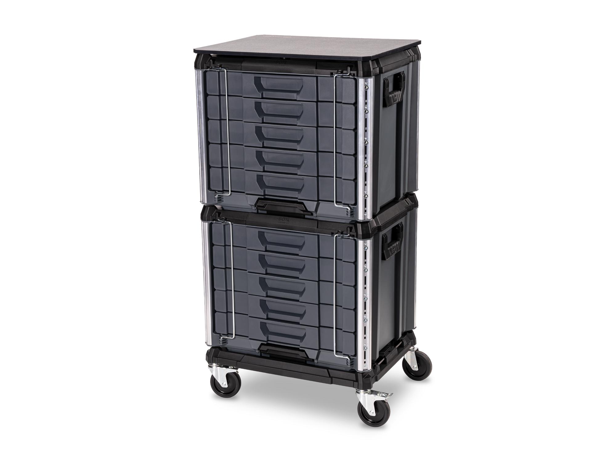 Angled view of slate gray Tekton RIG 10-Drawer Tool Cart. RIG99200