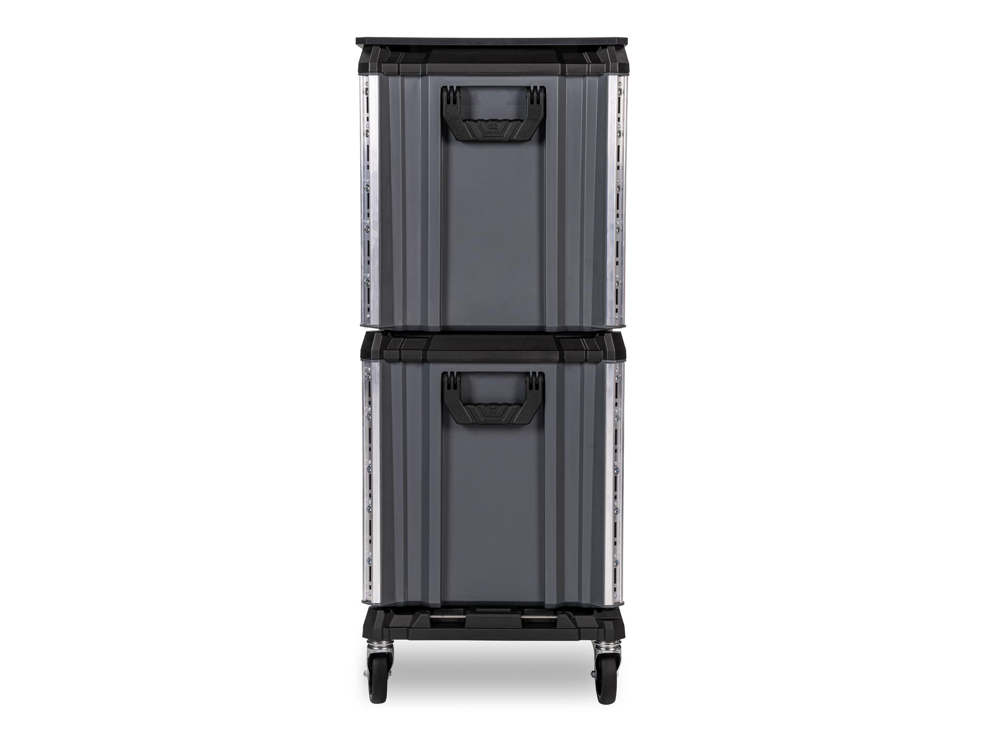 Side view of slate gray Tekton RIG 10-Drawer Tool Cart. RIG99200