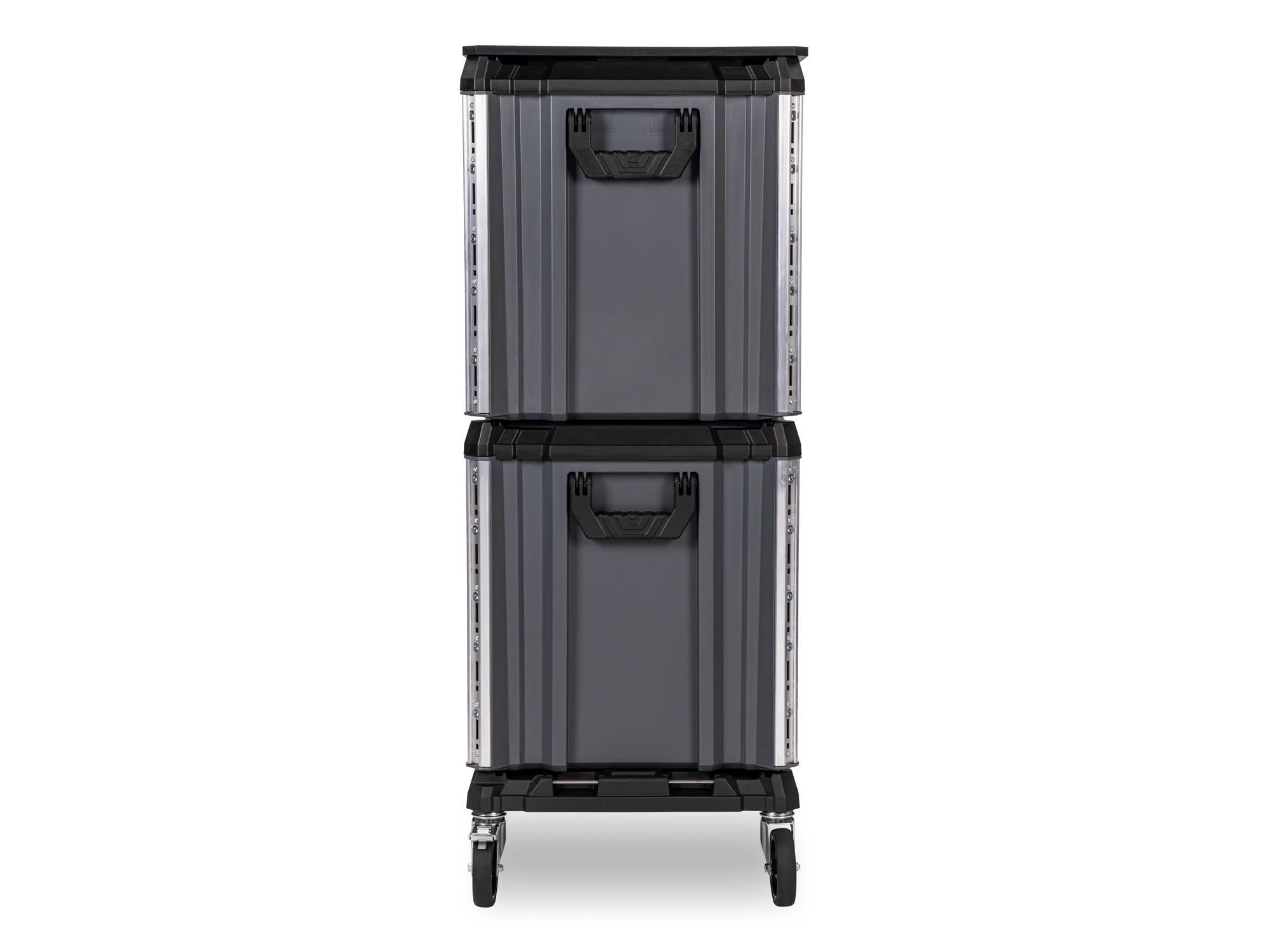 slate-gray Tekton RIG 10-Drawer Tool Cart shown from multiple side profiles. RIG99200