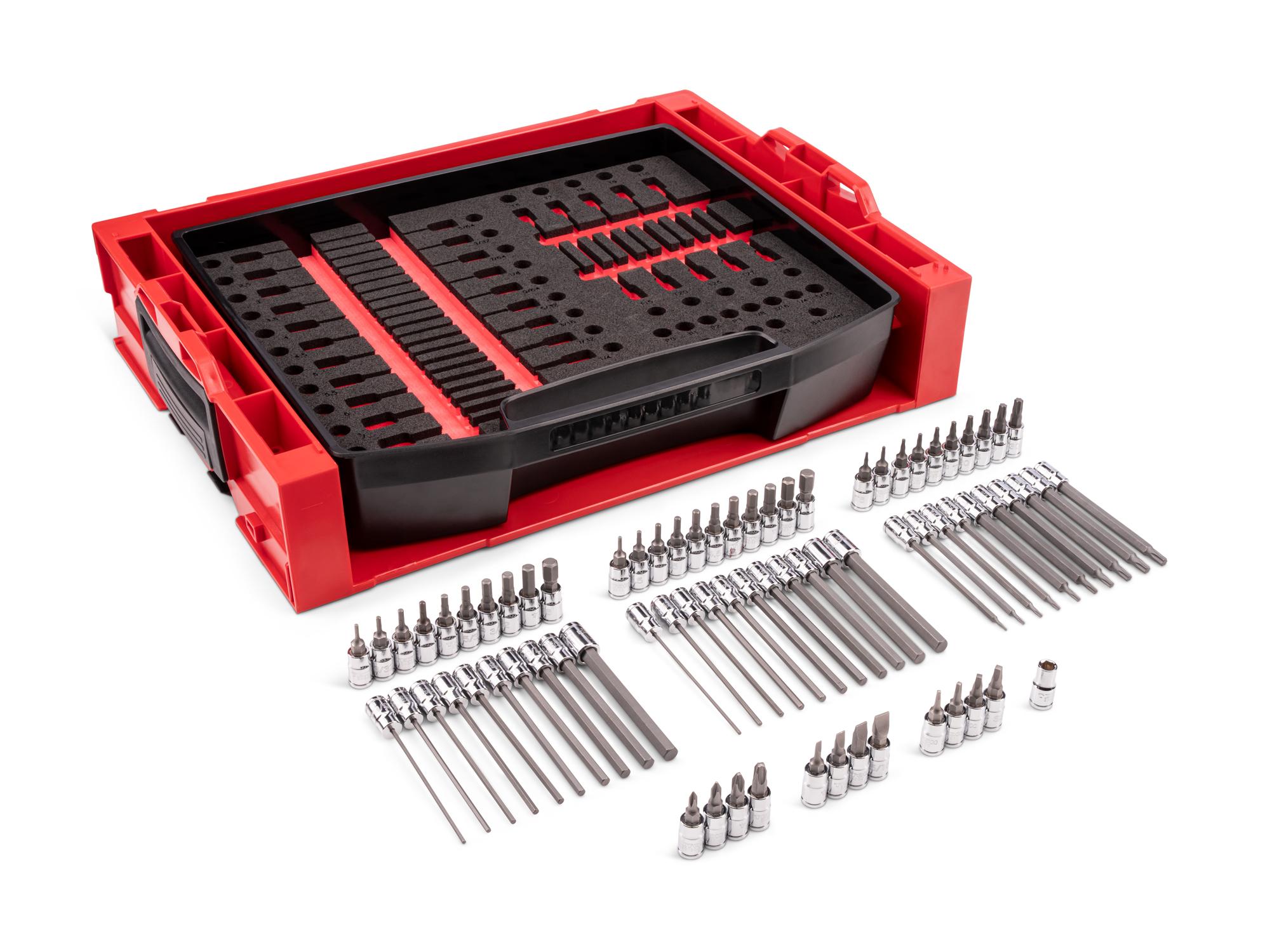 Laid out contents of Tekton hand drive bit socket set. Item #SHB90701