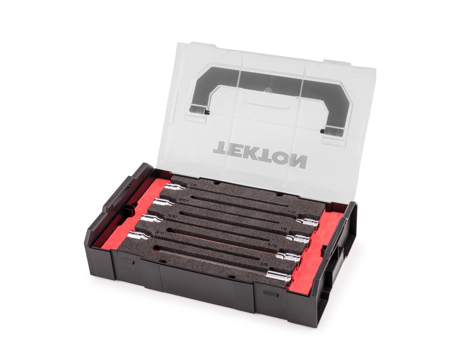 Front-right angle view of Tekton hand drive bit socket set. Item #SHB91700