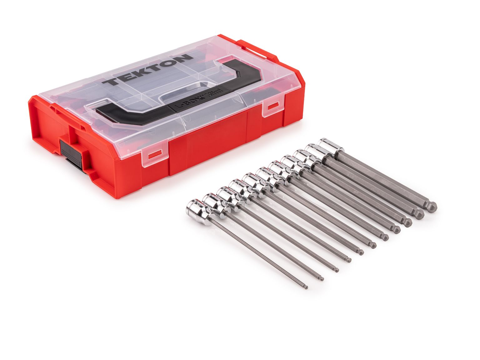 TEKTON 3/8 Inch Drive Long Ball End Hex Bit Socket Set with Mini Stacking Tool Box, 11-Piece (3 - 10 mm)