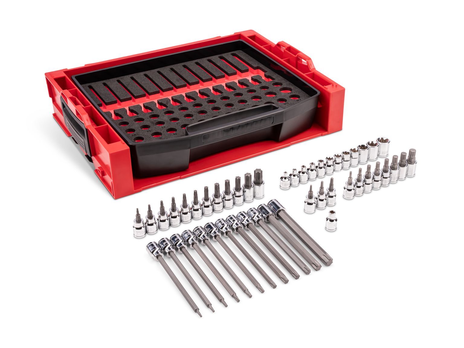 TEKTON 3/8 Inch Drive Standard and Long Bit Socket Set with Open Top Drawer and Rack (48-Piece)