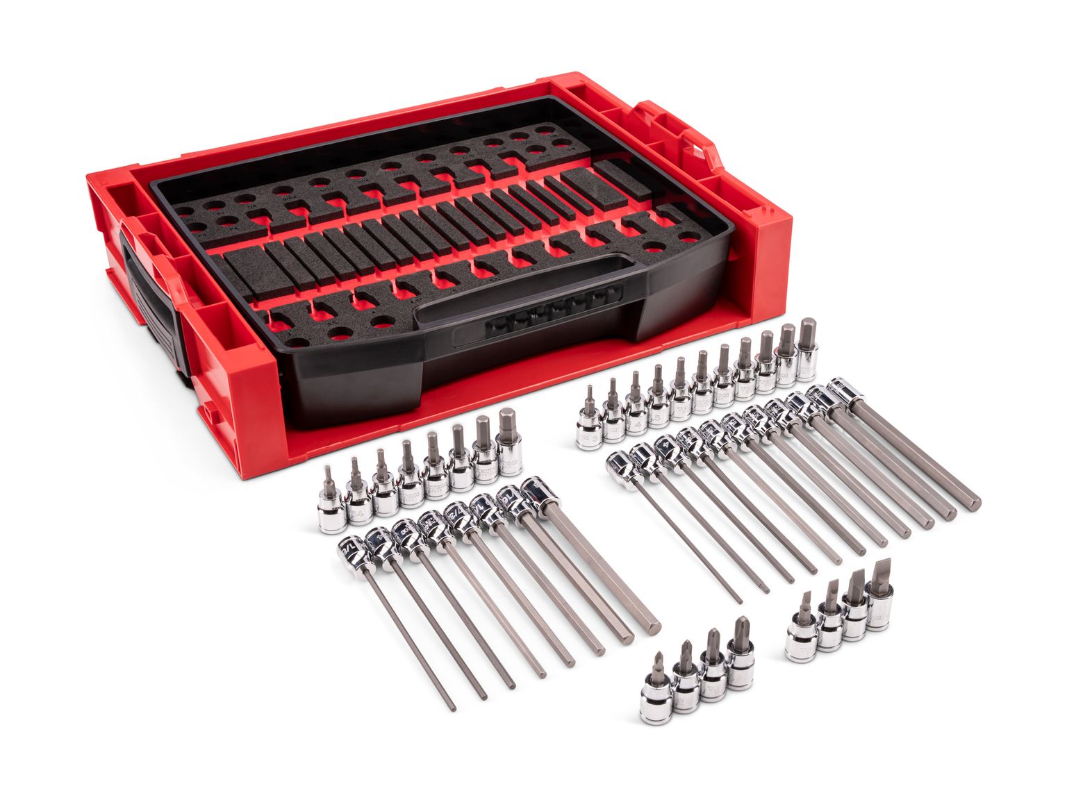 TEKTON 3/8 Inch Drive Standard and Long Bit Socket Set with Open Top Drawer and Rack (46-Piece)