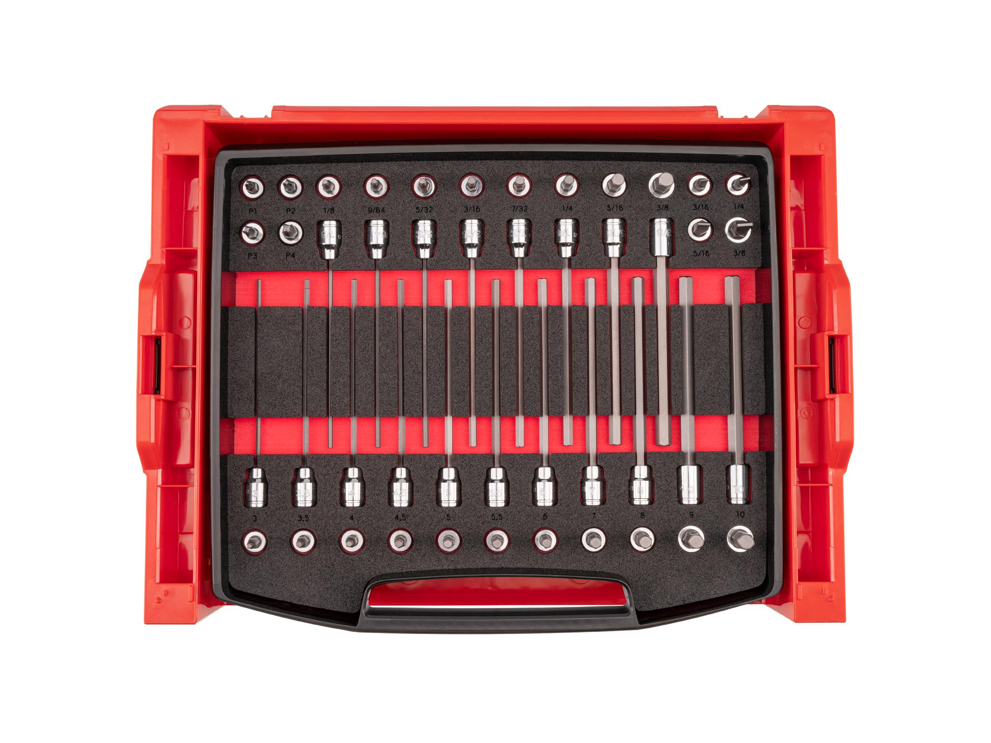 3/8 Inch Drive Standard and Long Bit Socket Set with Open Top Drawer and Rack (46-Piece)