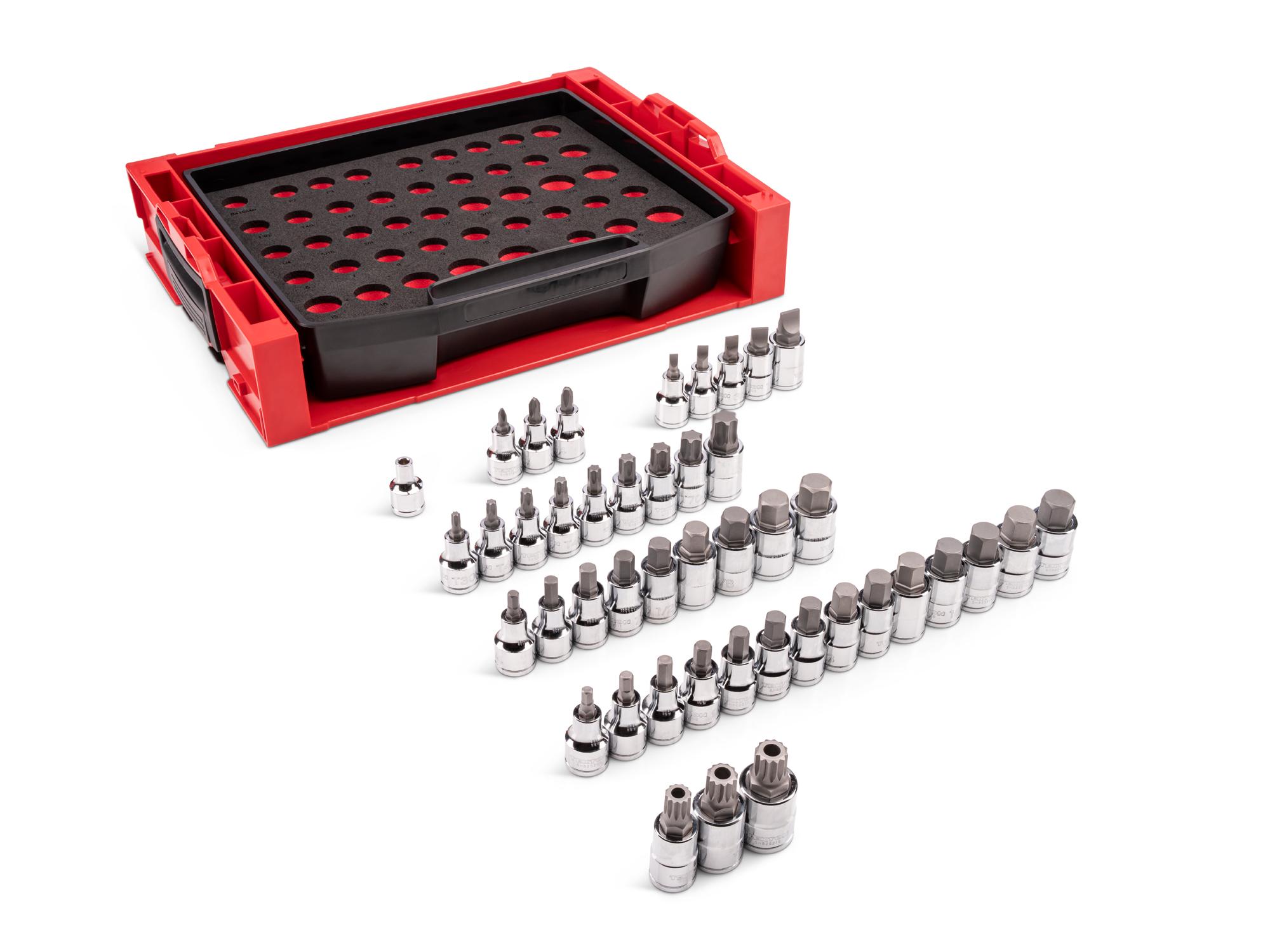 Laid out contents of Tekton hand drive bit socket set. Item #SHB92701