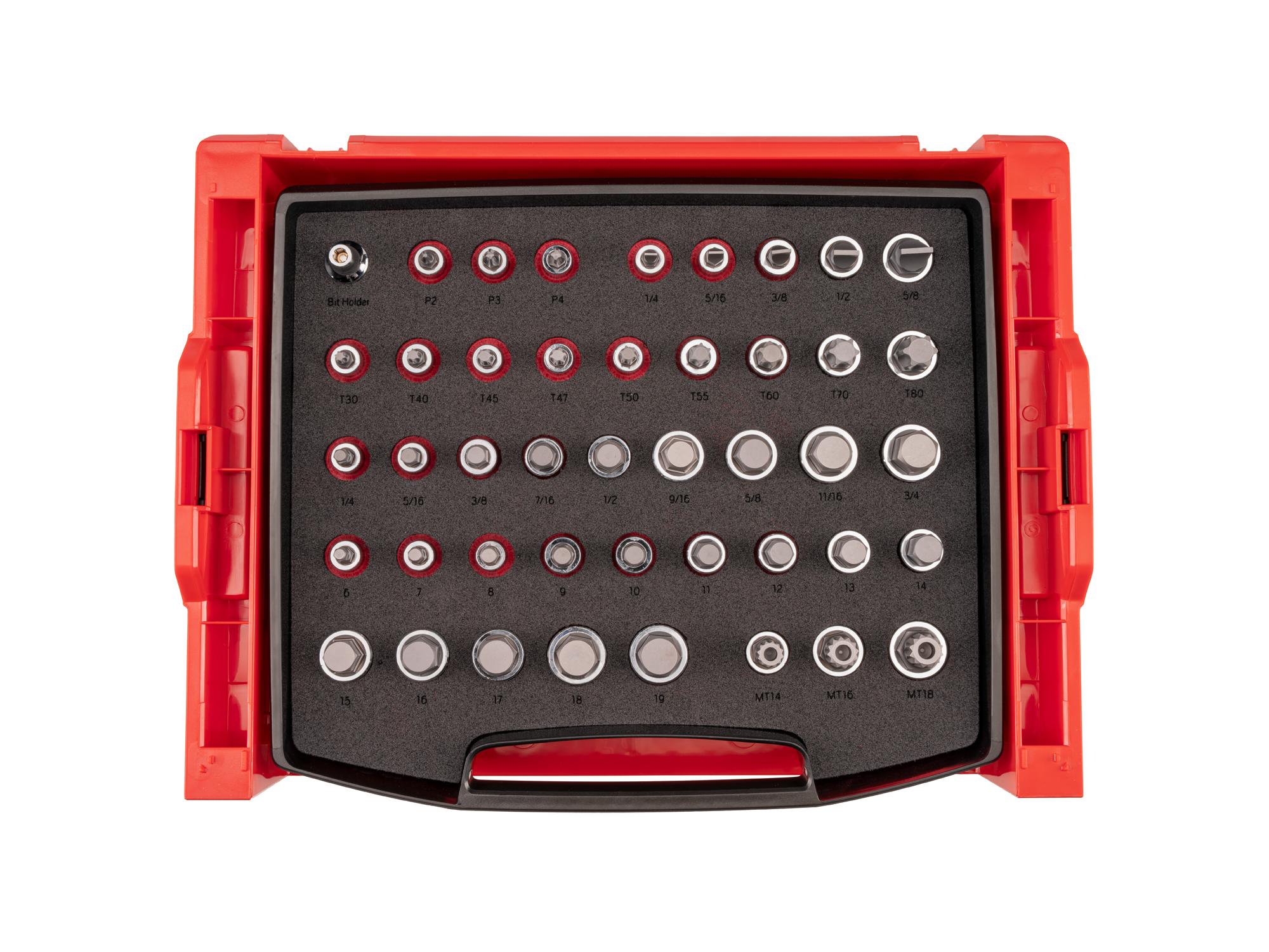 Top view of Tekton hand drive bit socket set. Item #SHB92701