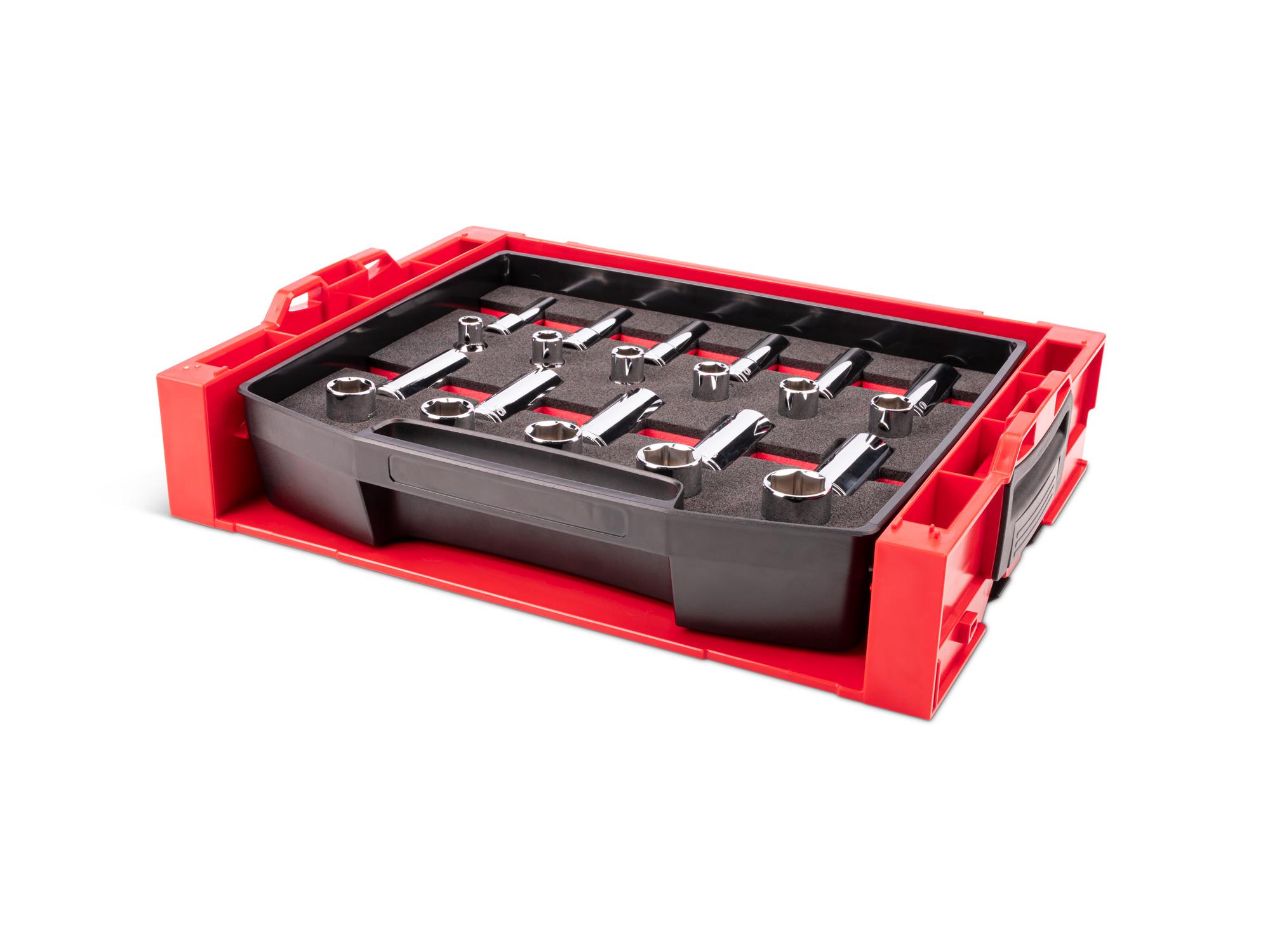 Front-right angle view of Tekton hand drive 6-point socket set. Item #SHD92700