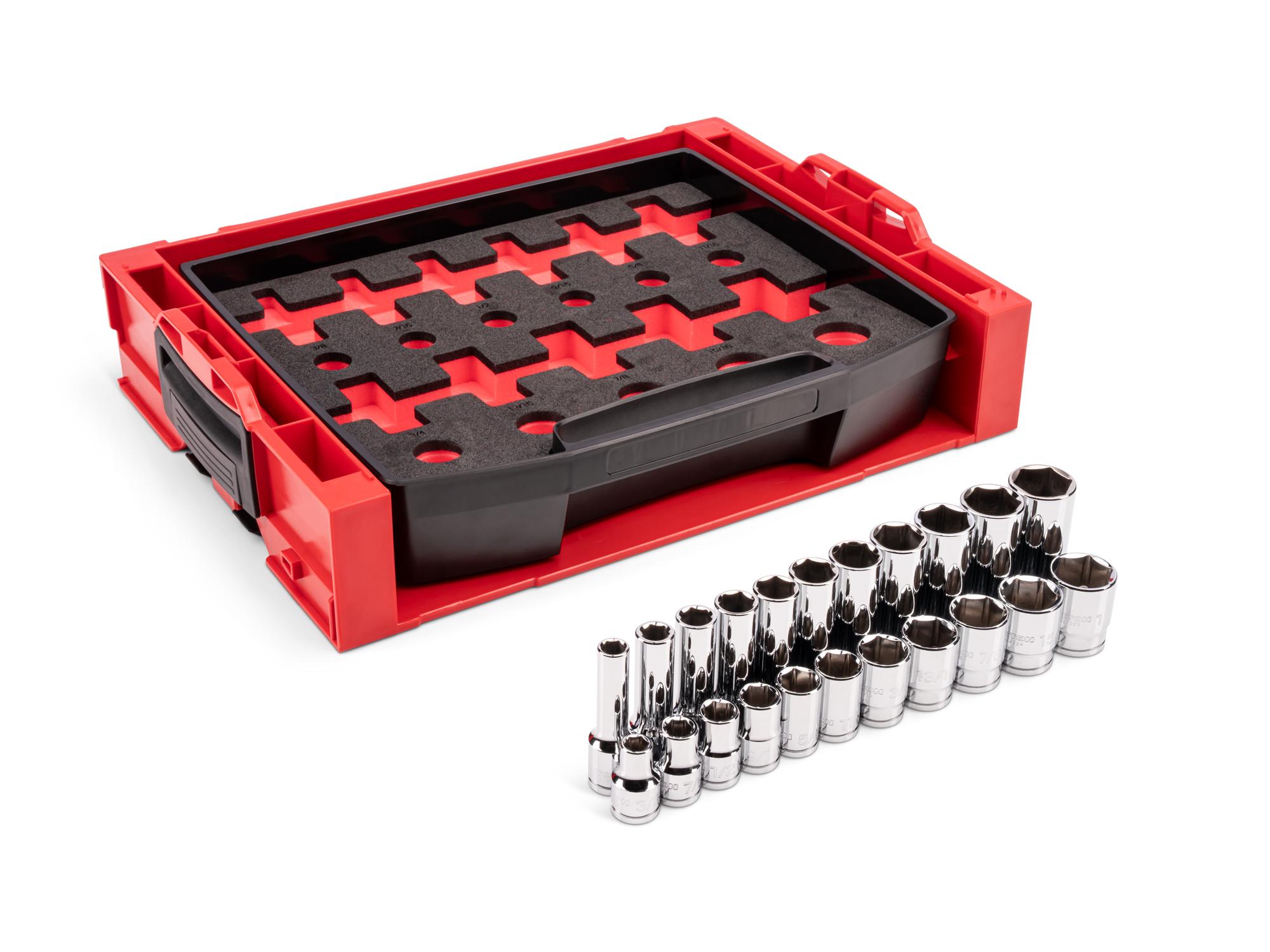 Laid out contents of Tekton hand drive 6-point socket set. Item #SHD92700