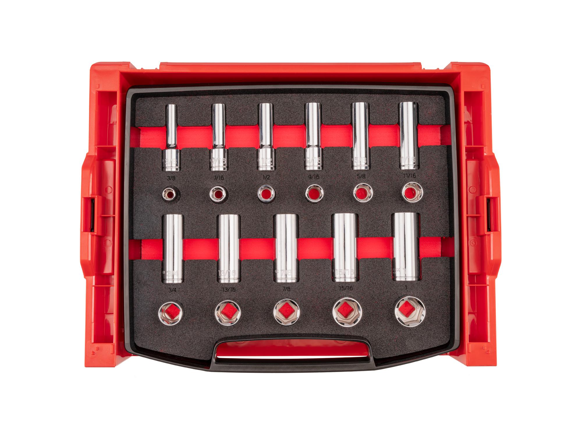 Top view of Tekton hand drive 6-point socket set. Item #SHD92700
