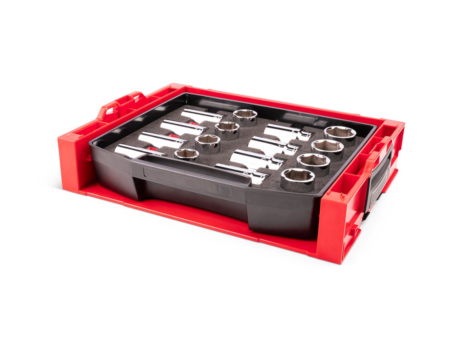Front-right angle view of Tekton stacking organization system set. Item #SHD92701