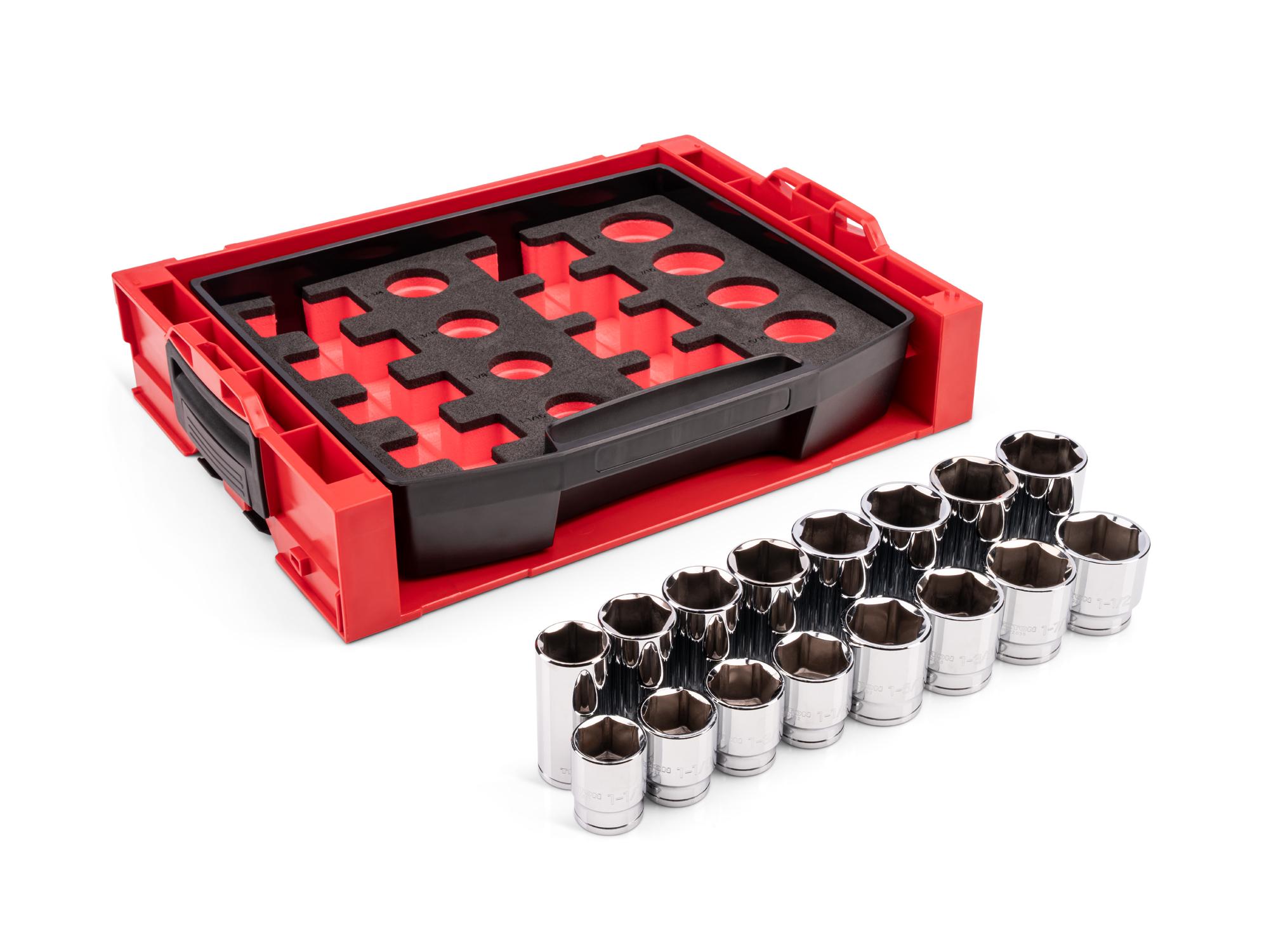 Laid out contents of Tekton hand drive 6-point socket set. Item #SHD92701