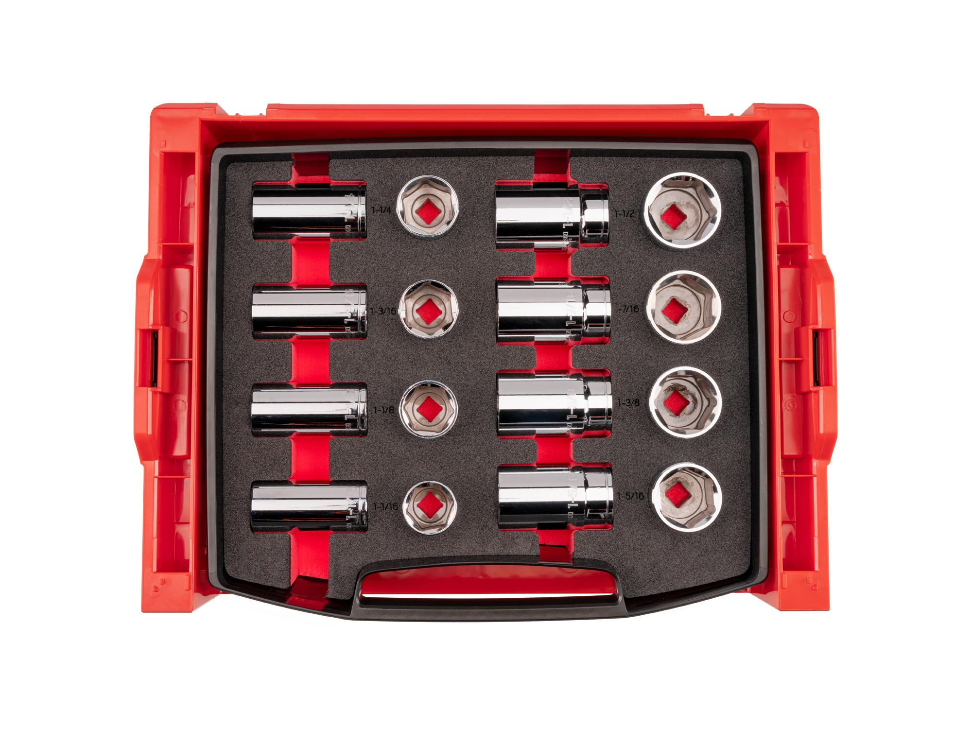 1/2 Inch Drive Shallow and Deep 6-Point Socket Set with Open Top Drawer and Rack (16-Piece)