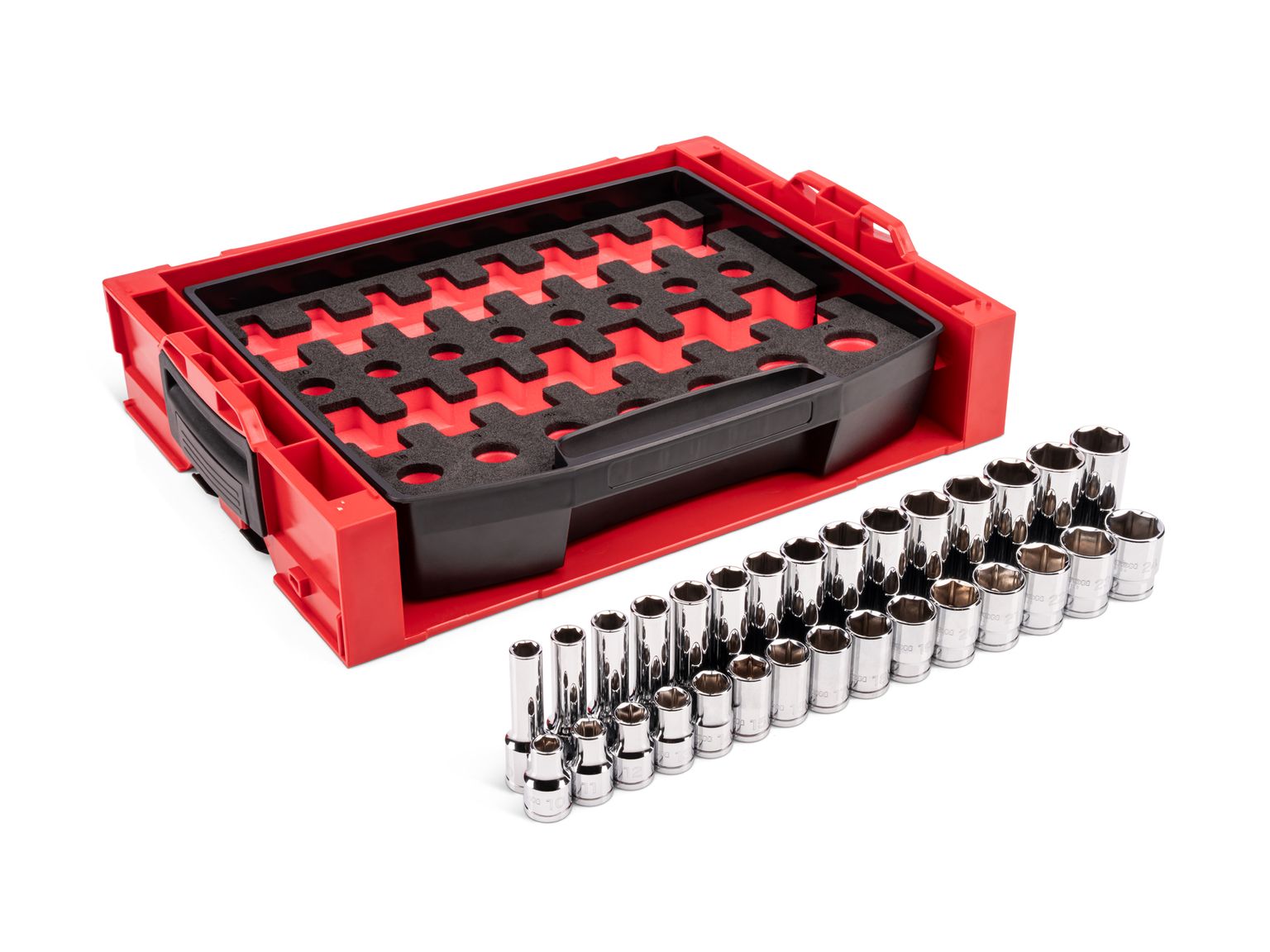 TEKTON 1/2 Inch Drive Shallow and Deep 6-Point Socket Set with Open Top Drawer and Rack, 30-Piece (10 - 24 mm)