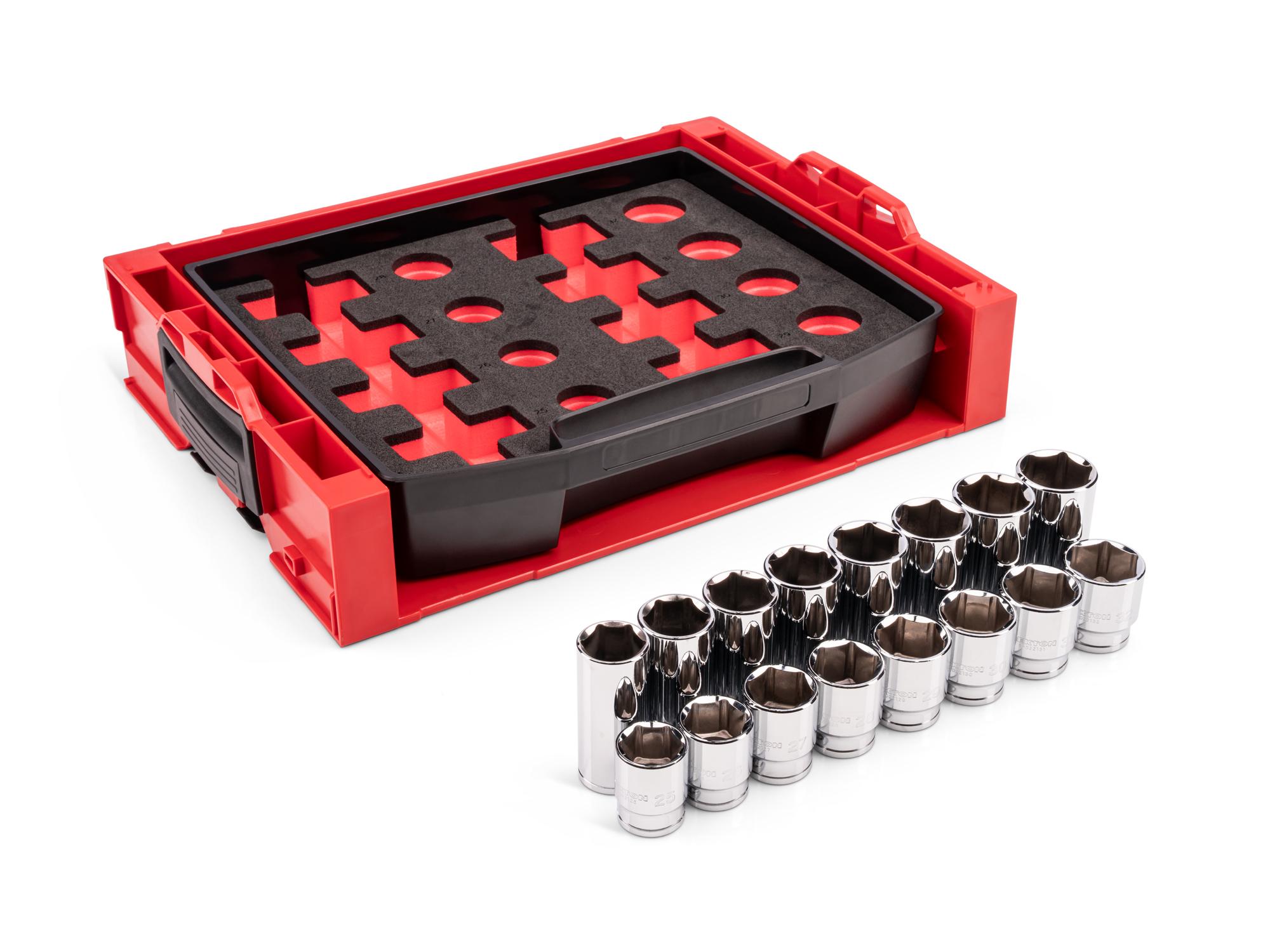 Laid out contents of Tekton hand drive 6-point socket set. Item #SHD92703