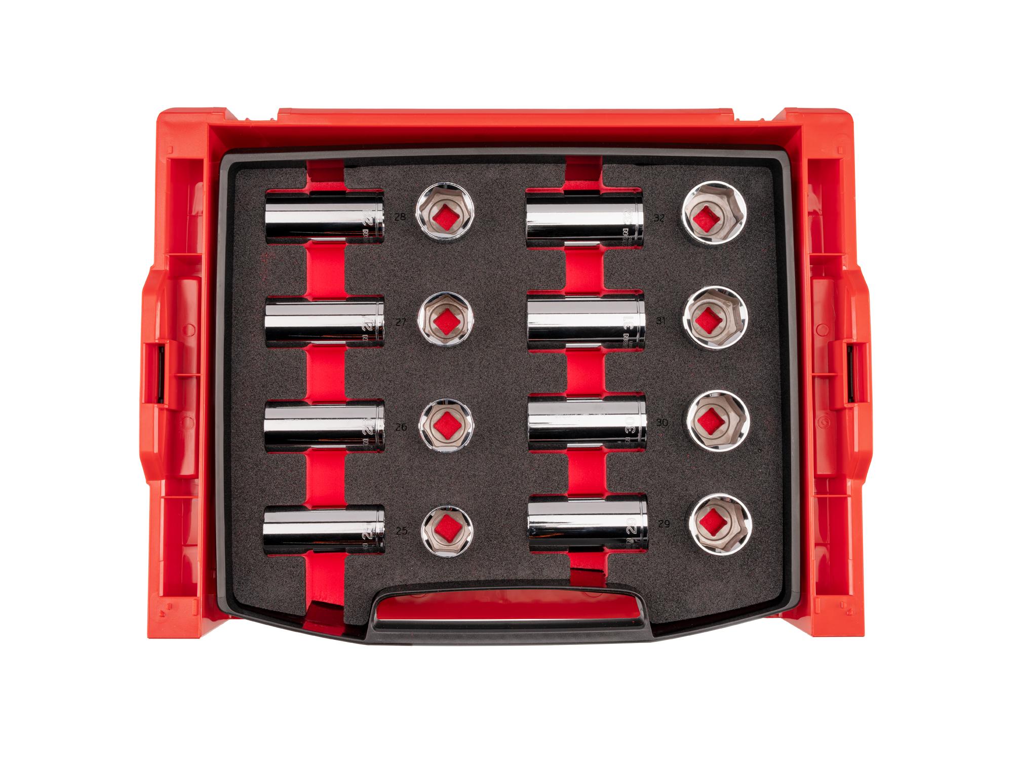 1/2 Inch Drive Shallow and Deep 6-Point Socket Set with Open Top Drawer and Rack (16-Piece)