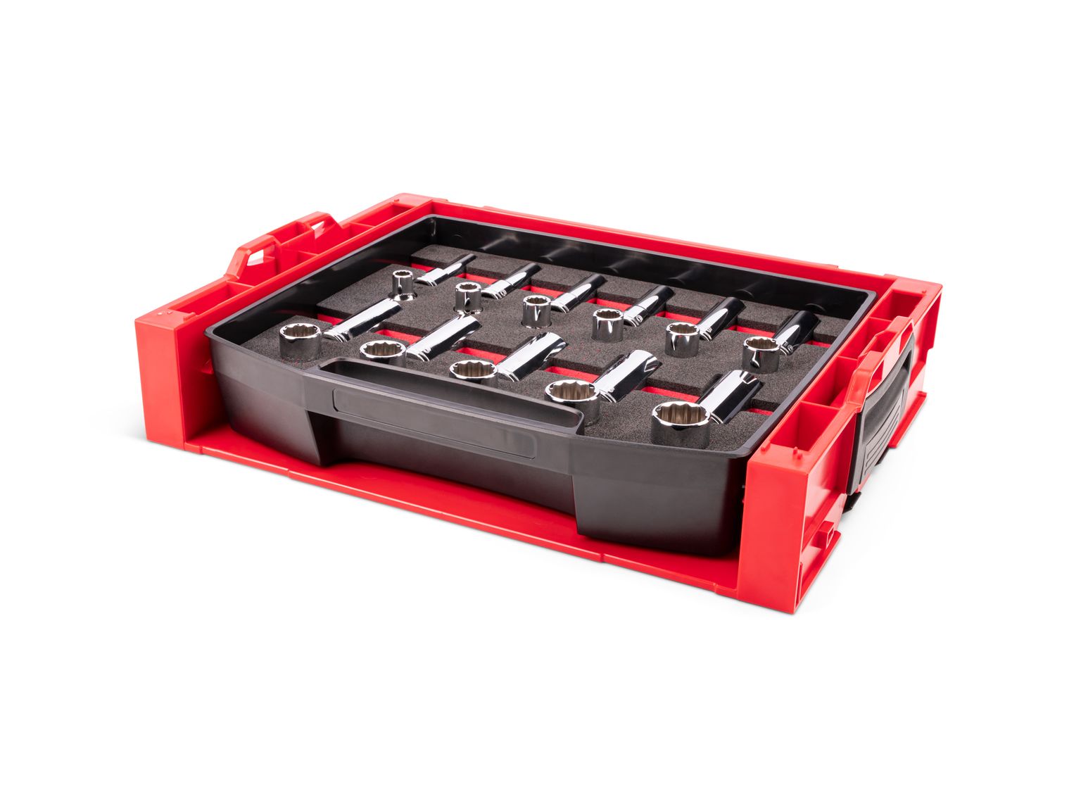 Front-right angle view of Tekton stacking organization system set. Item #SHD92705
