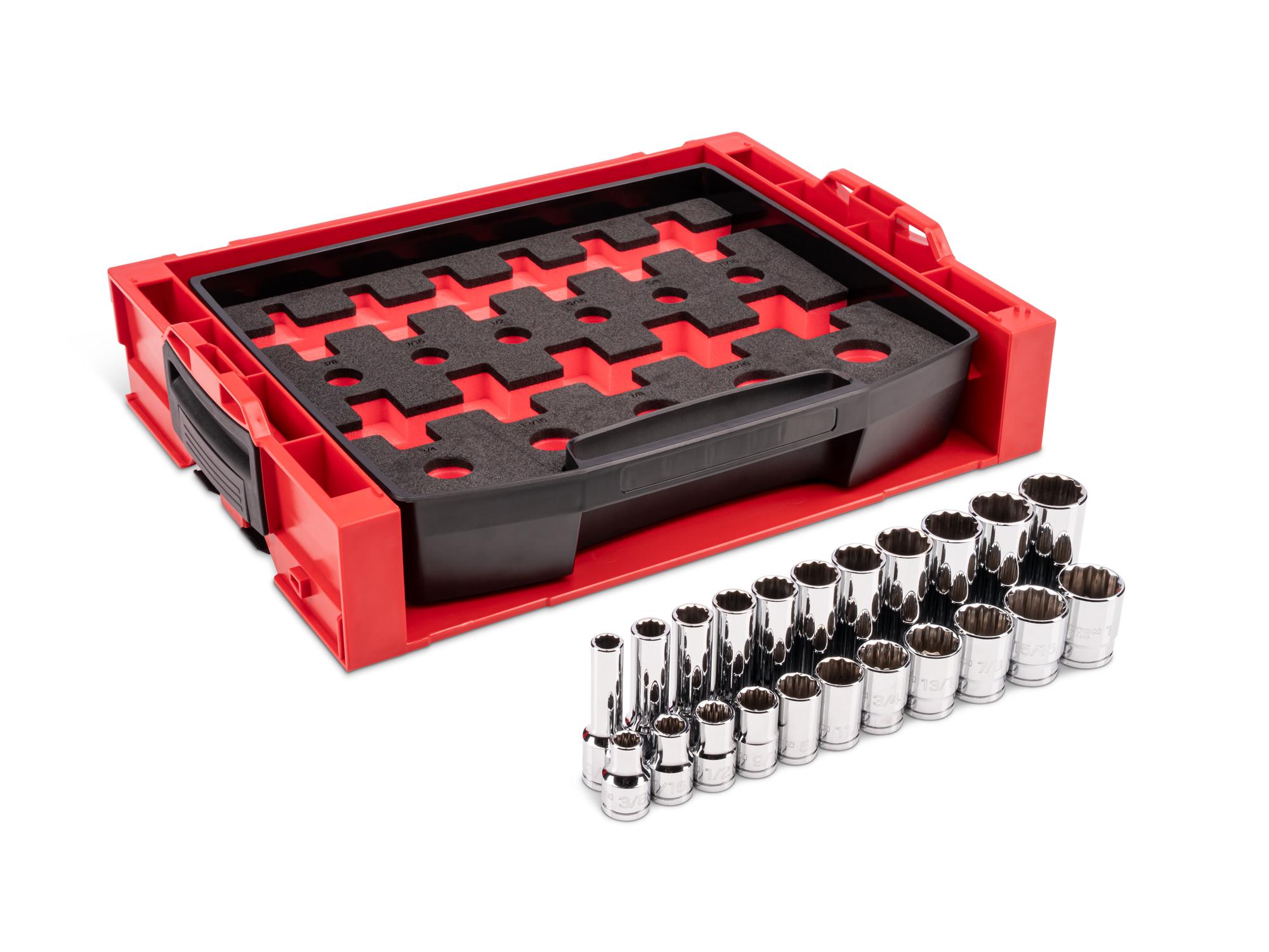 Laid out contents of Tekton hand drive 12-point socket set. Item #SHD92705