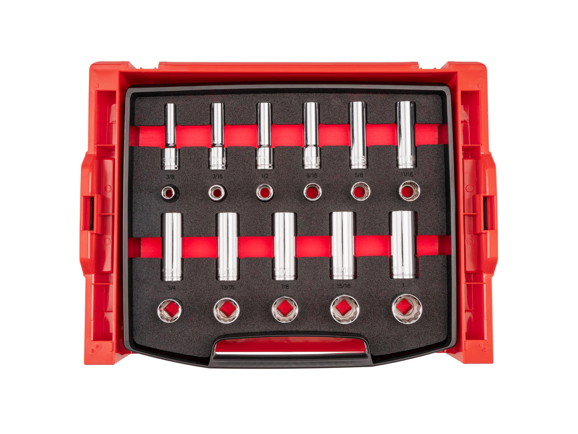 Top view of Tekton hand drive 12-point socket set. Item #SHD92705