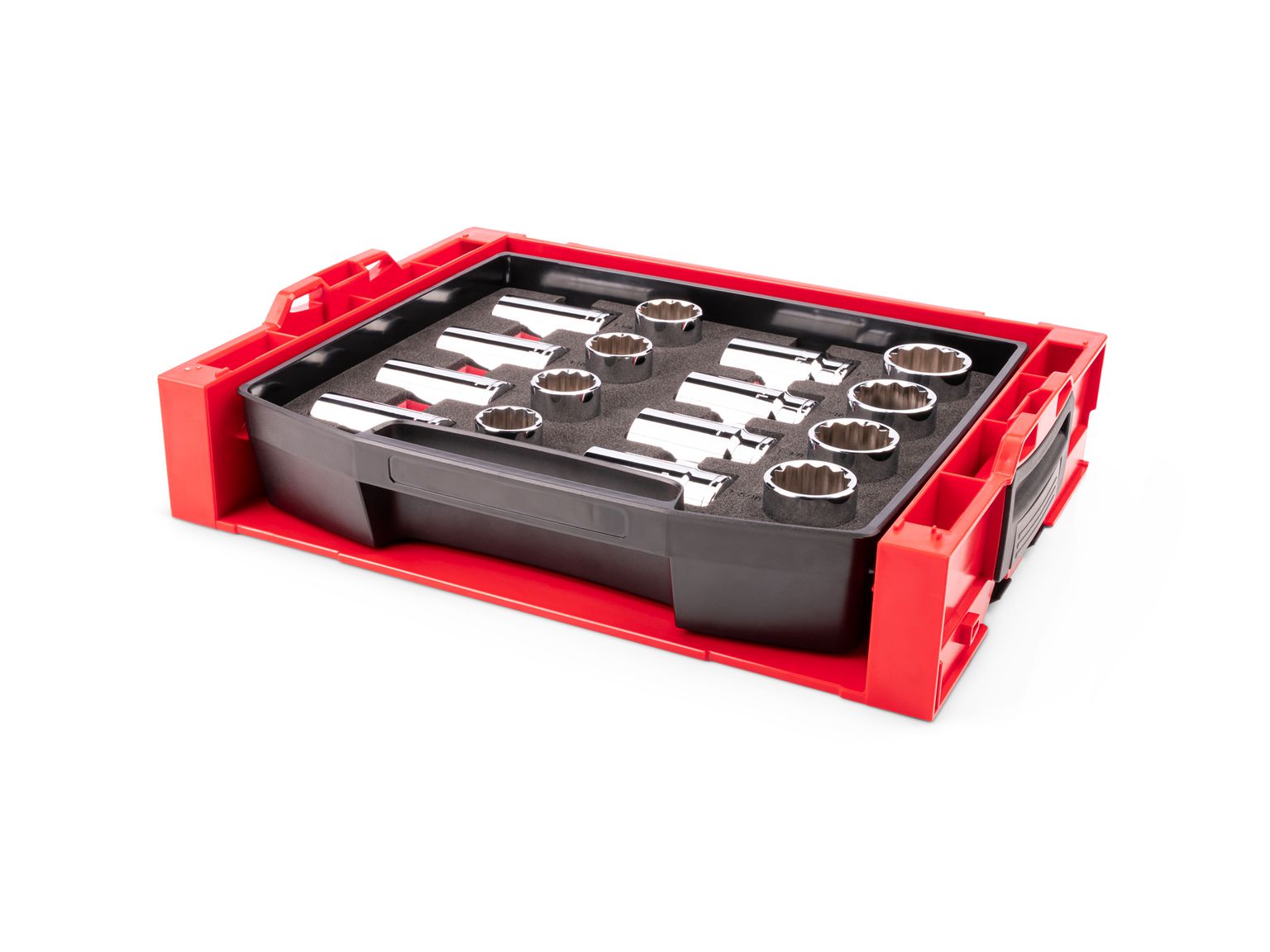 Front-right angle view of Tekton stacking organization system set. Item #SHD92706