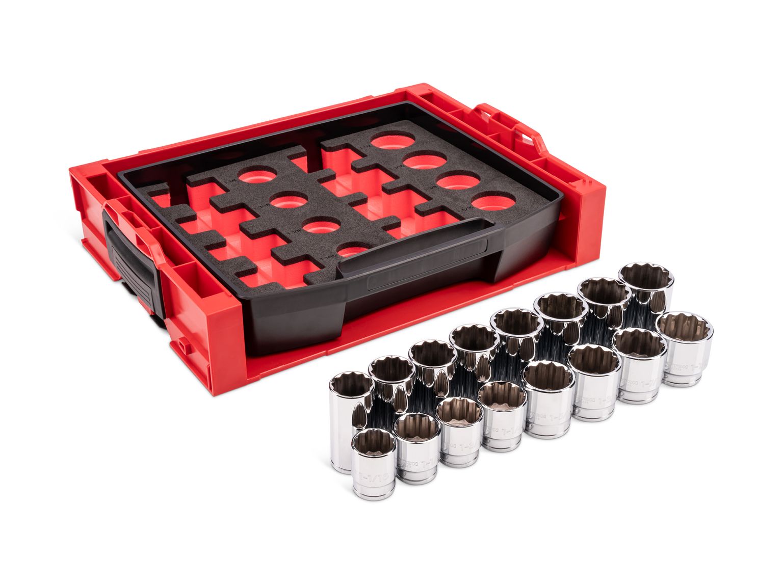TEKTON 1/2 Inch Drive Shallow and Deep 12-Point Socket Set with Open Top Drawer and Rack, 16-Piece (1-1/16 - 1-1/2  in.)