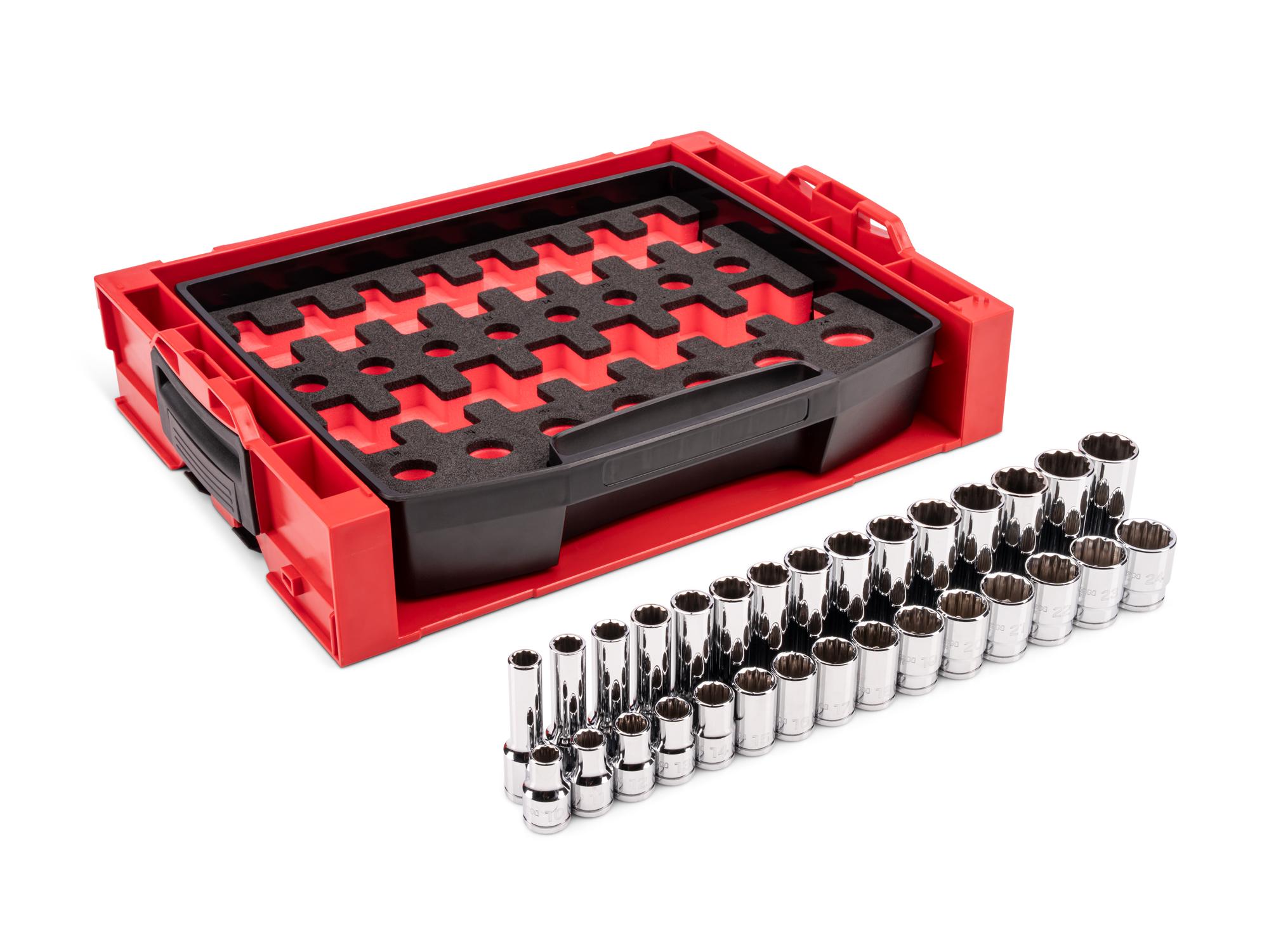 Laid out contents of Tekton hand drive 12-point socket set. Item #SHD92707