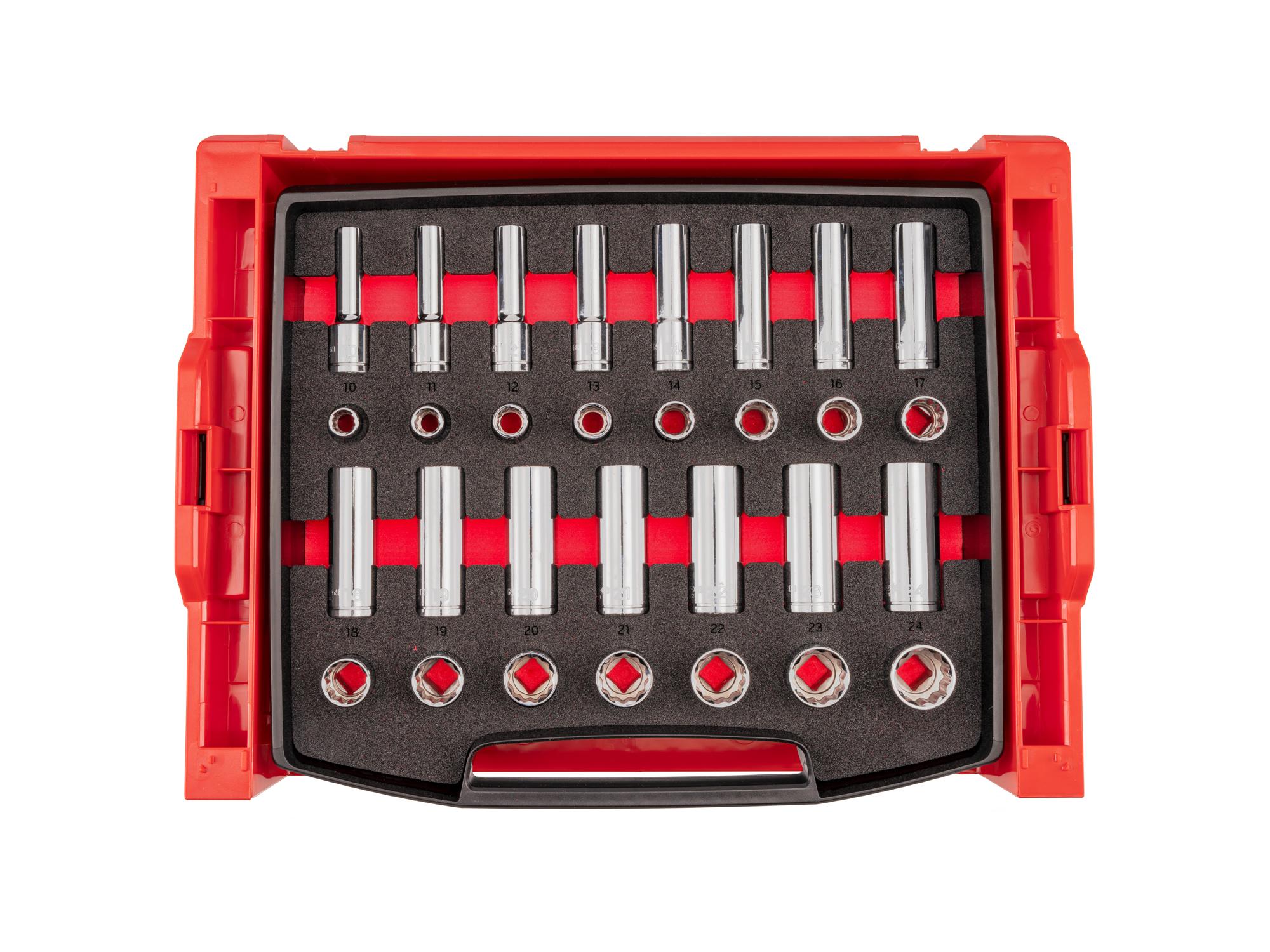 Top view of Tekton hand drive 12-point socket set. Item #SHD92707