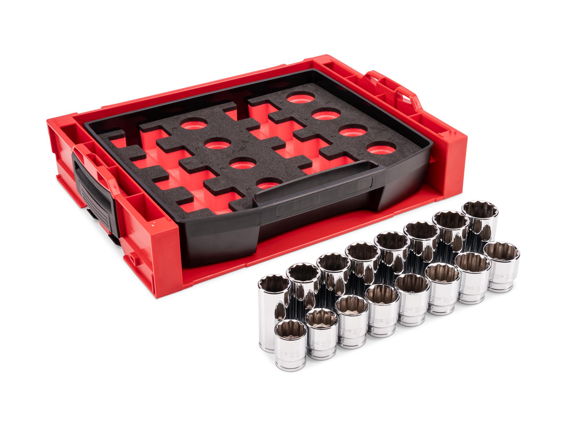 Laid out contents of Tekton hand drive 12-point socket set. Item #SHD92708