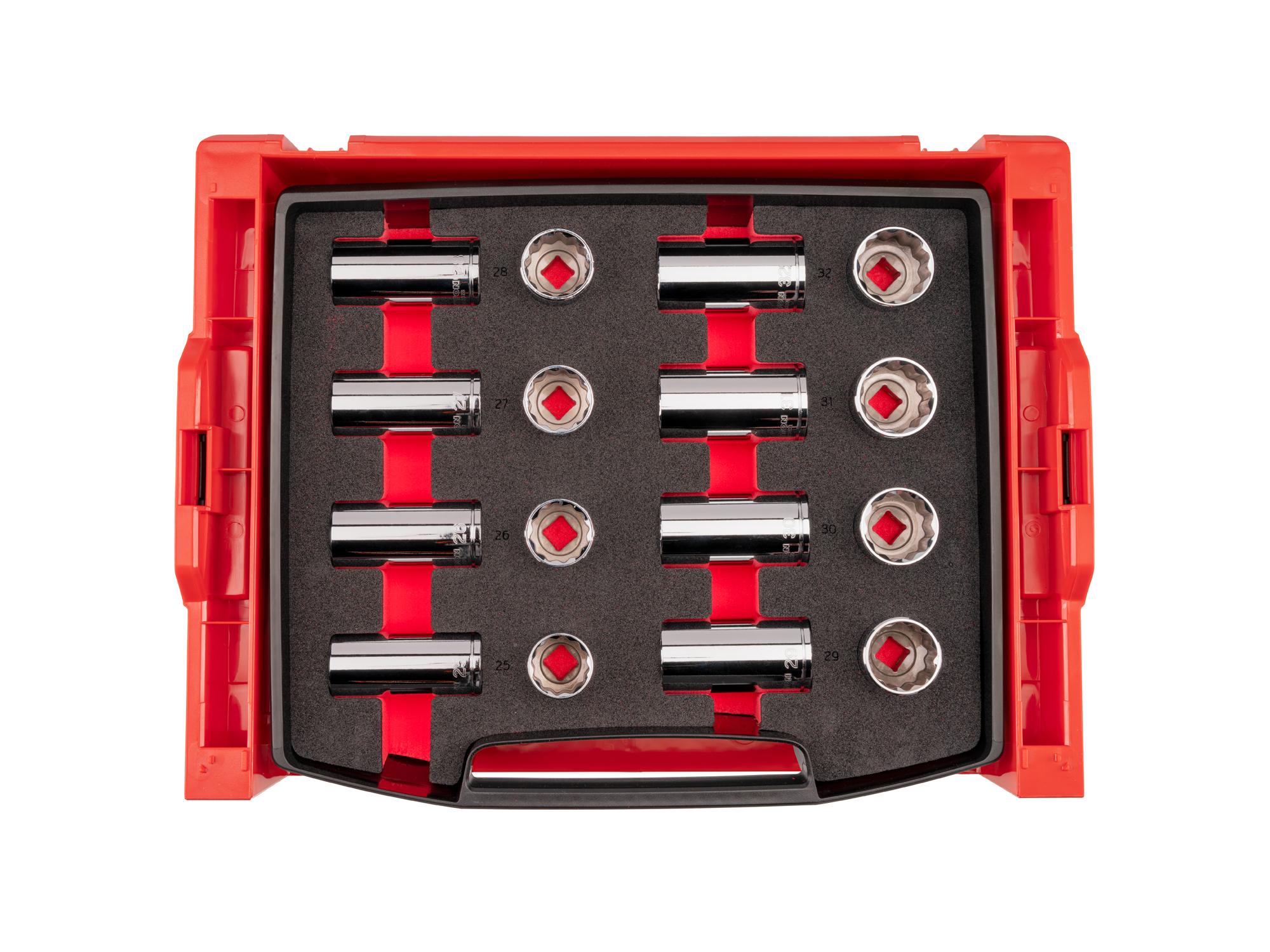 Top view of Tekton hand drive 12-point socket set. Item #SHD92708